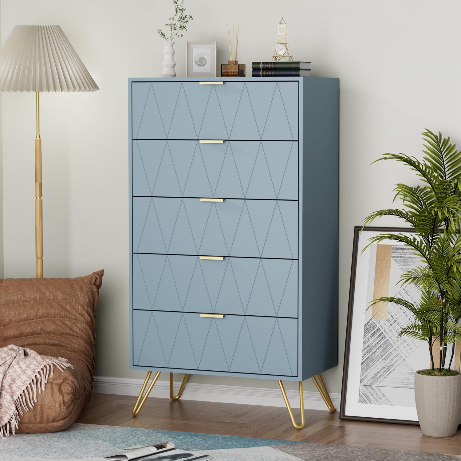 UEV Commode met 5 laden, 60 x 34 x 110 cm Modern dressoir (Grijsblauw)