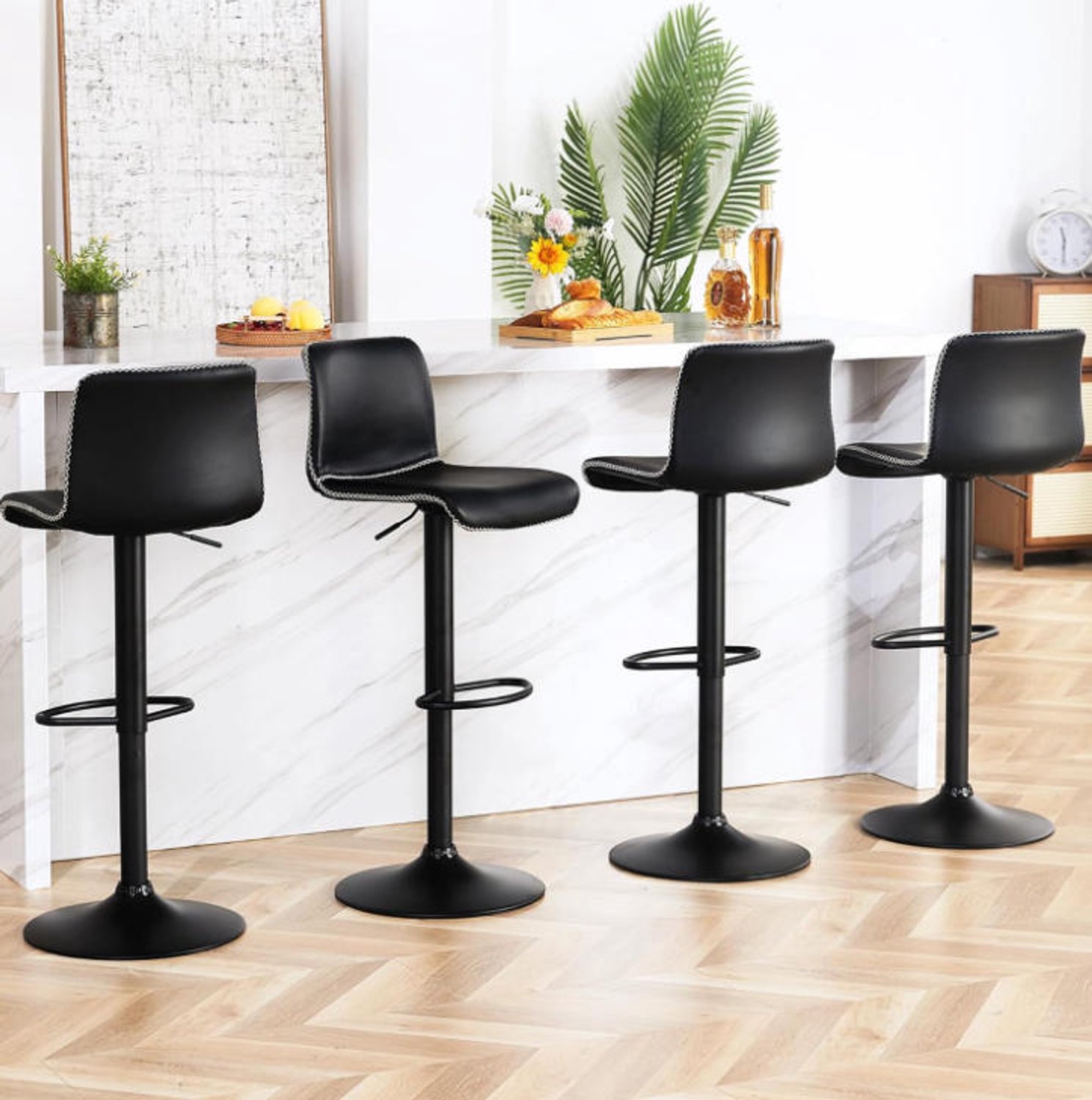 Danky Barkrukken Set van 4 - In Hoogte Verstelbaar & 360° Draaibaar - Ergonomisch PU-Leer met Voetsteun - Stabiele Ronde Voet tot 136 kg zwart