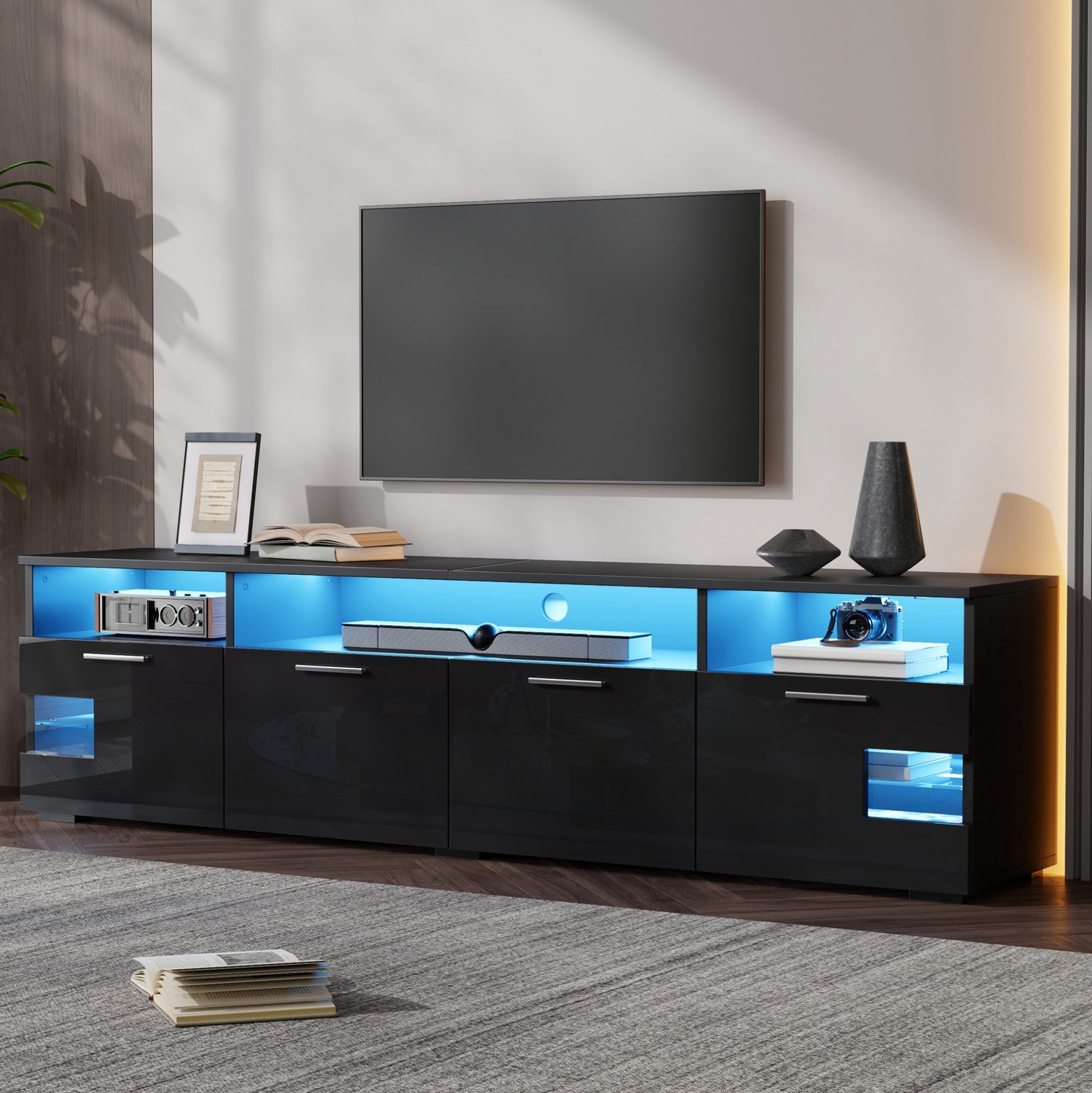 DESMIU Tv-Meubel - Ledverlichting via App en 4 Deuren - voor Tv's tot 75 Inch in de Woonkamer - MDF en Spaanplaat - 180x35x45 cm - Zwart