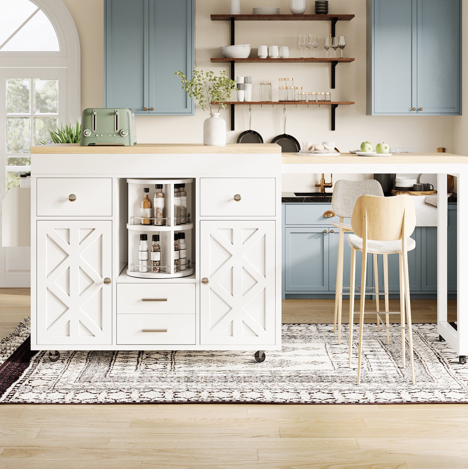Maisentiel Uitschuifbare bartafel op wielen 110-180 x 40 x 91 cm - wit - met 4 lades