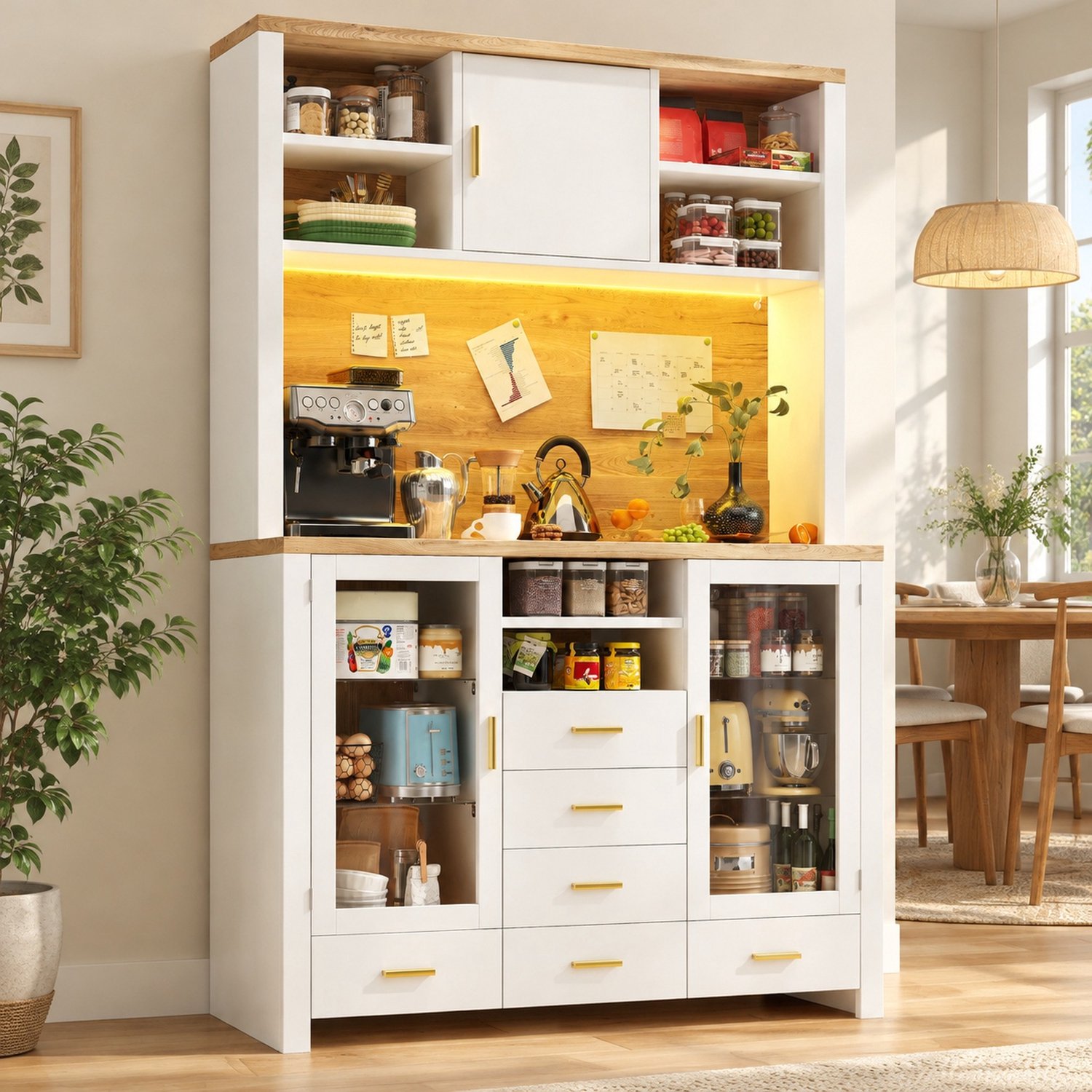 Maisentiel Buffetkast 120 x 40 x 188 cm - wit met houtlook - lades en appgestuurde ledverlichting