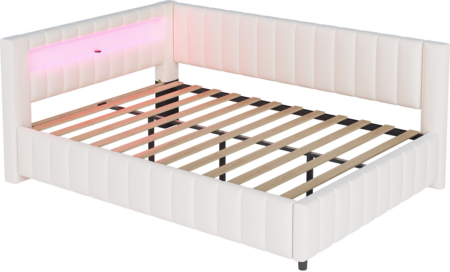 MUVANO L-vormige slaapbank 140x200 cm - Gestoffeerd bed in fluweel - Ledverlichting en USB - Lattenbodem - Hoofdbord en rugleuning - Beige voor woonkamer