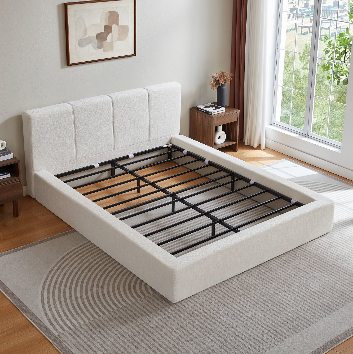 Wishdor Tweepersoonsbed 140x200 cm - Gestoffeerd hoofdbord met stiknaden - Versterkt stalen bedframe met dwarslatten - Minimalistisch ontwerp - Crèmewit - Zonder matras