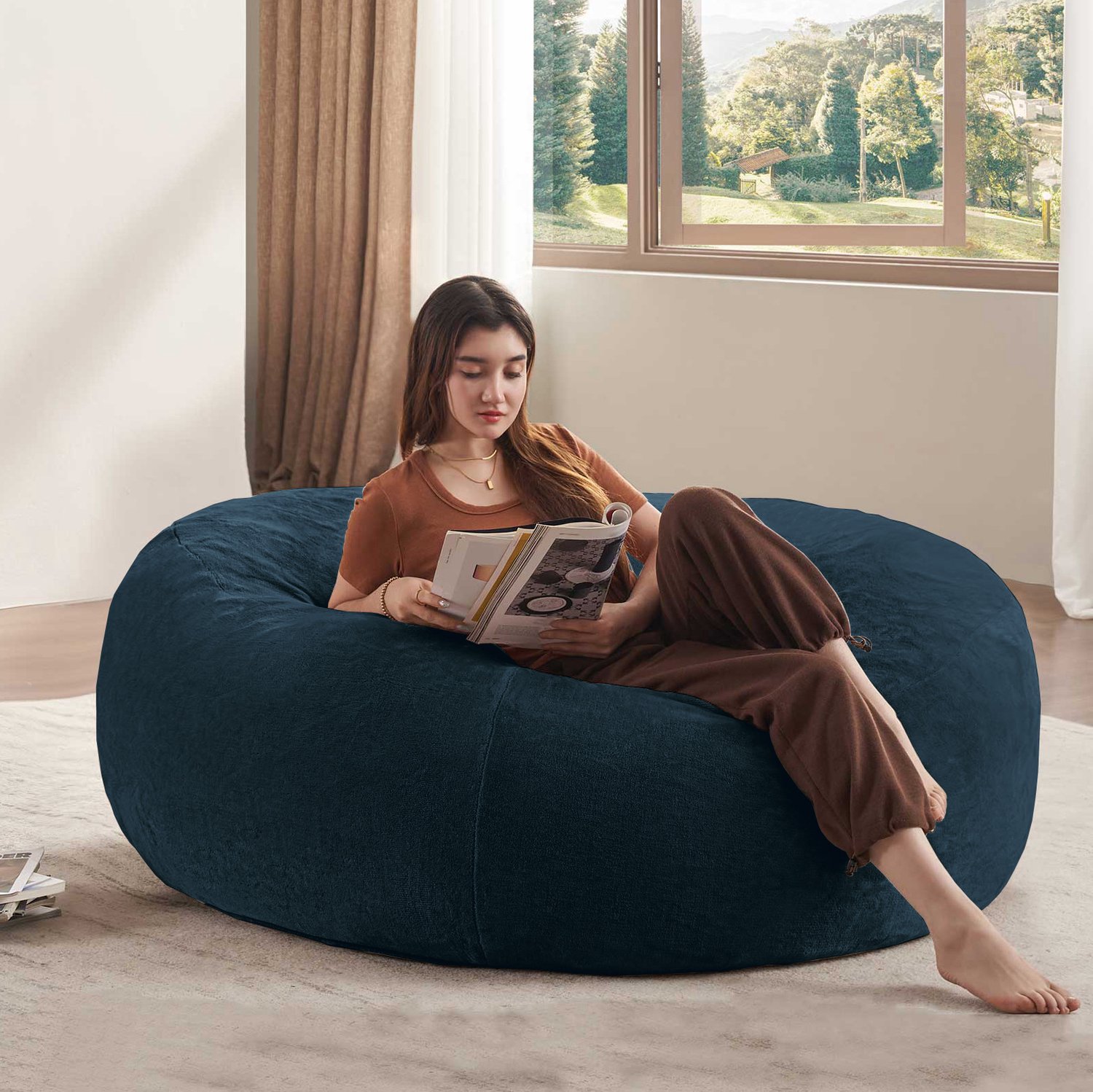 STILVORA Zitzak 120 x 120 x 60 cm - Rond met Traagschuimvulling - voor Woonkamer, Slaapkamer en Studentenkamer - Flanel - Blauw Donkerblauw