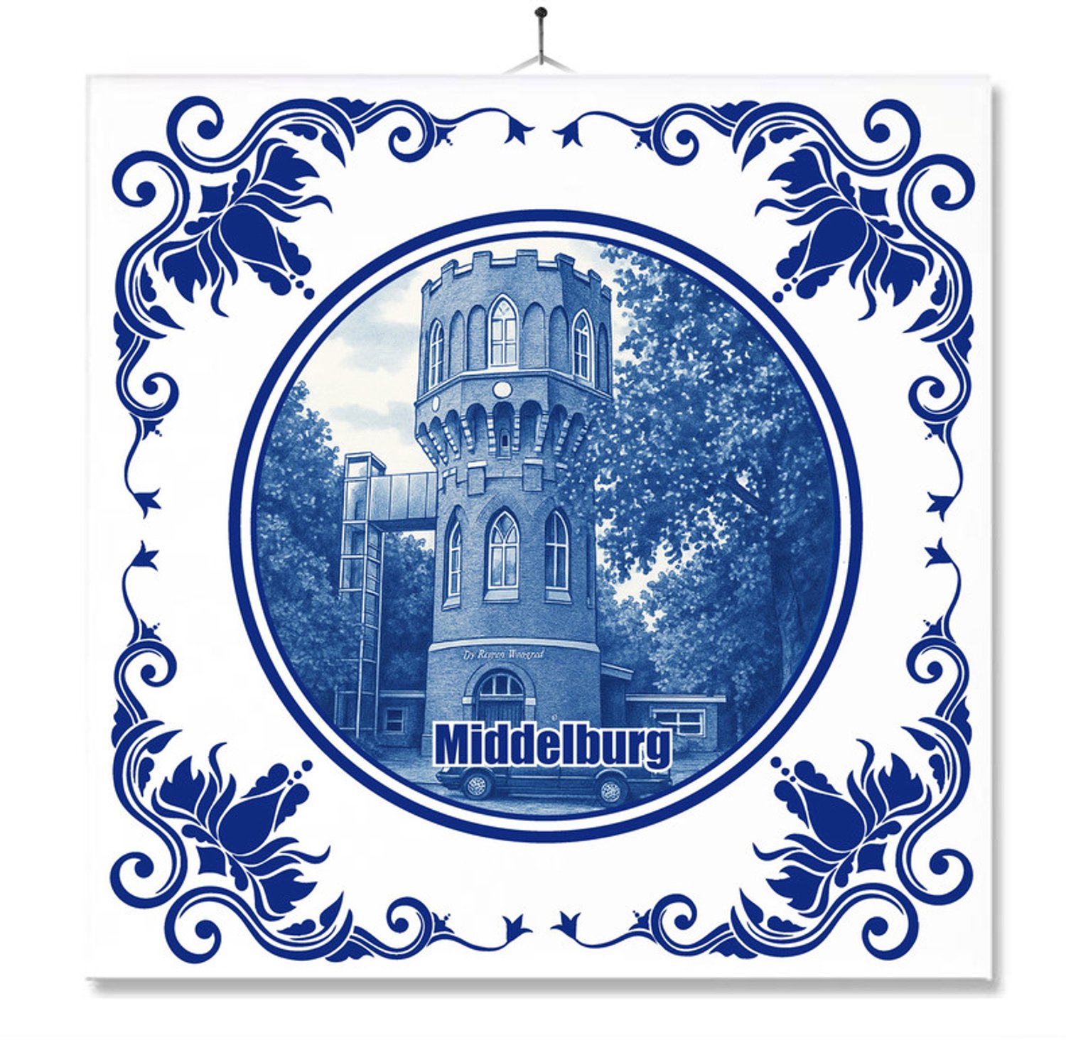 MC Living Tegel Met Opdruk | Middelburg | Delft Blauw | Cadeau | Inclusief Geschenkdoos | Standaard | Ophangsysteem Ontwerp 1