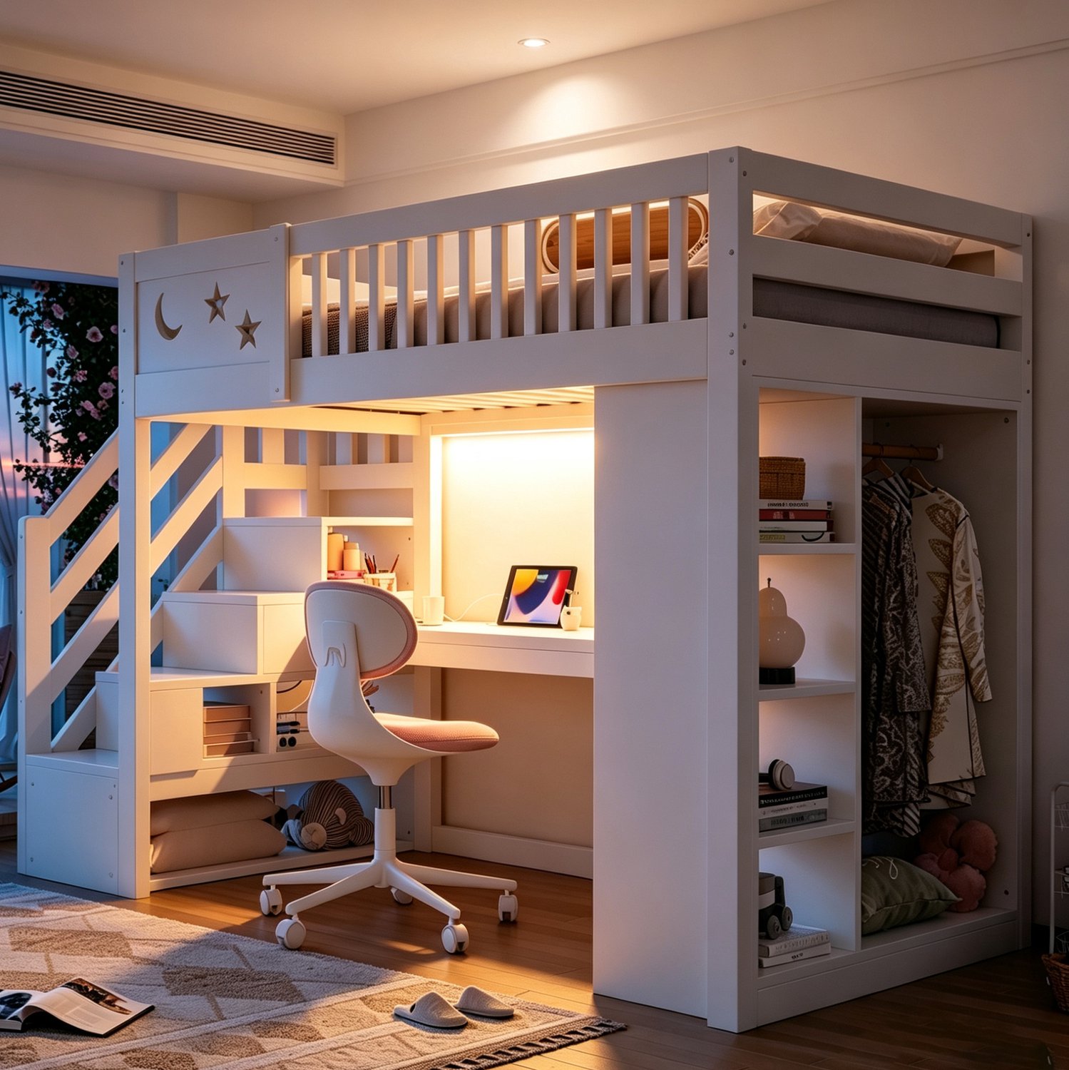MODFU Hoogslaper Met Bureau En Opbergtrap - LED-Verlichting - Hout En MDF - Wit - 90 X 200 Cm