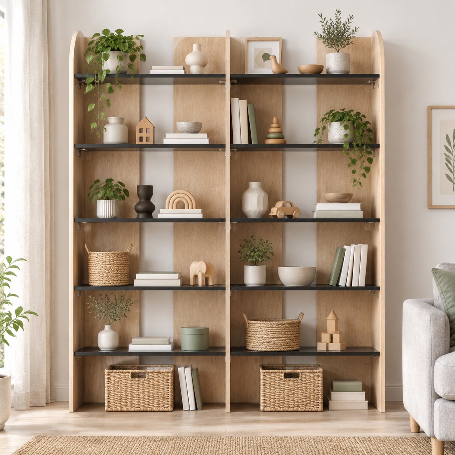 Wishdor Boekenkast met 5 open niveaus - Vakverdeling per etage - Ondiep rek voor wandplaatsing - Woonkamer werkkamer slaapkamer en kantoor - Bewerkt hout - Naturel en zwart - 135 x 25 x 160 cm Naturel, zwart