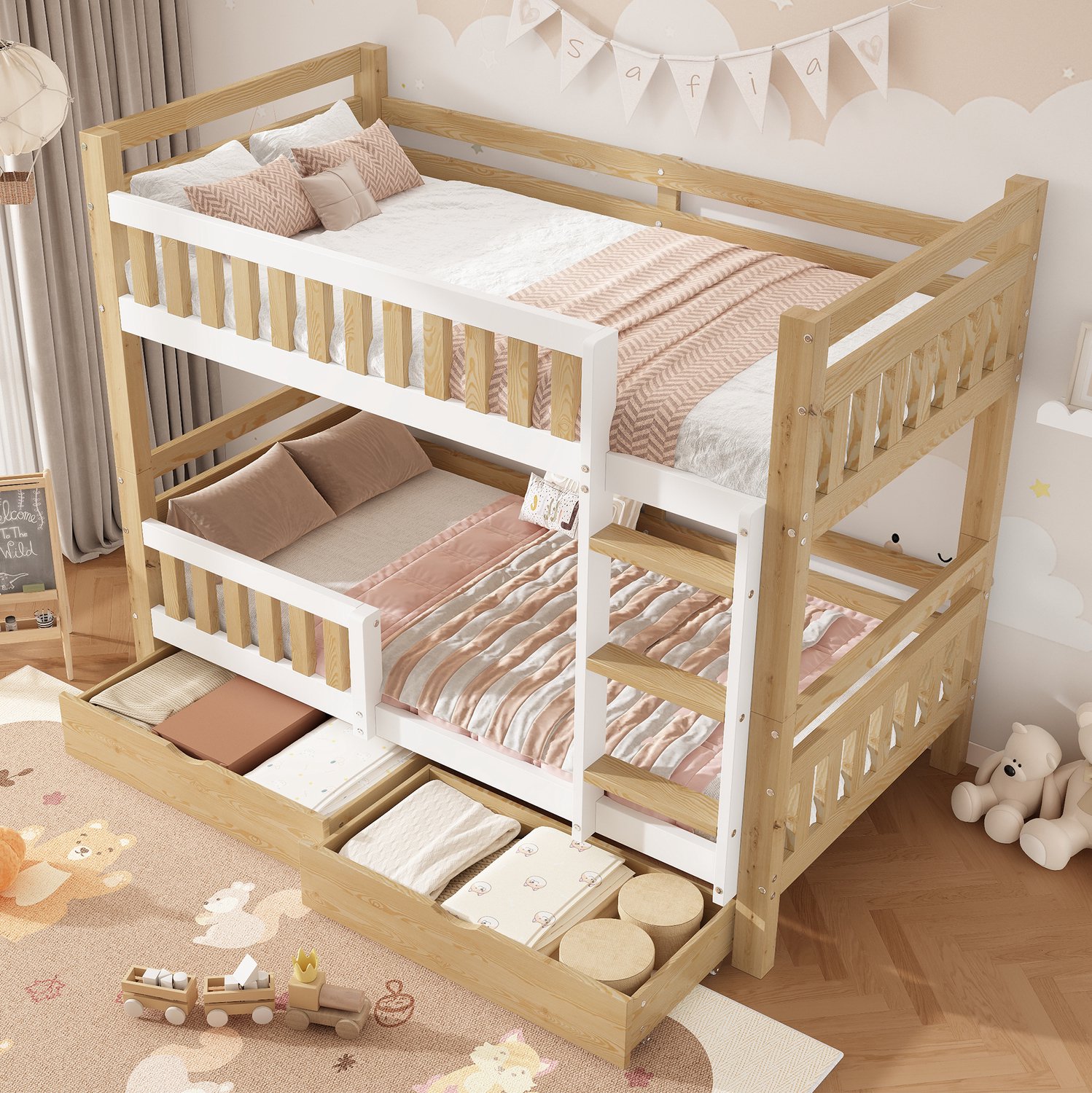 MODFU Stapelbed - Deelbaar - Ladder En 2 Lades - Hout - Wit En Naturel - 90 X 200 Cm Wit en naturel houtkleur