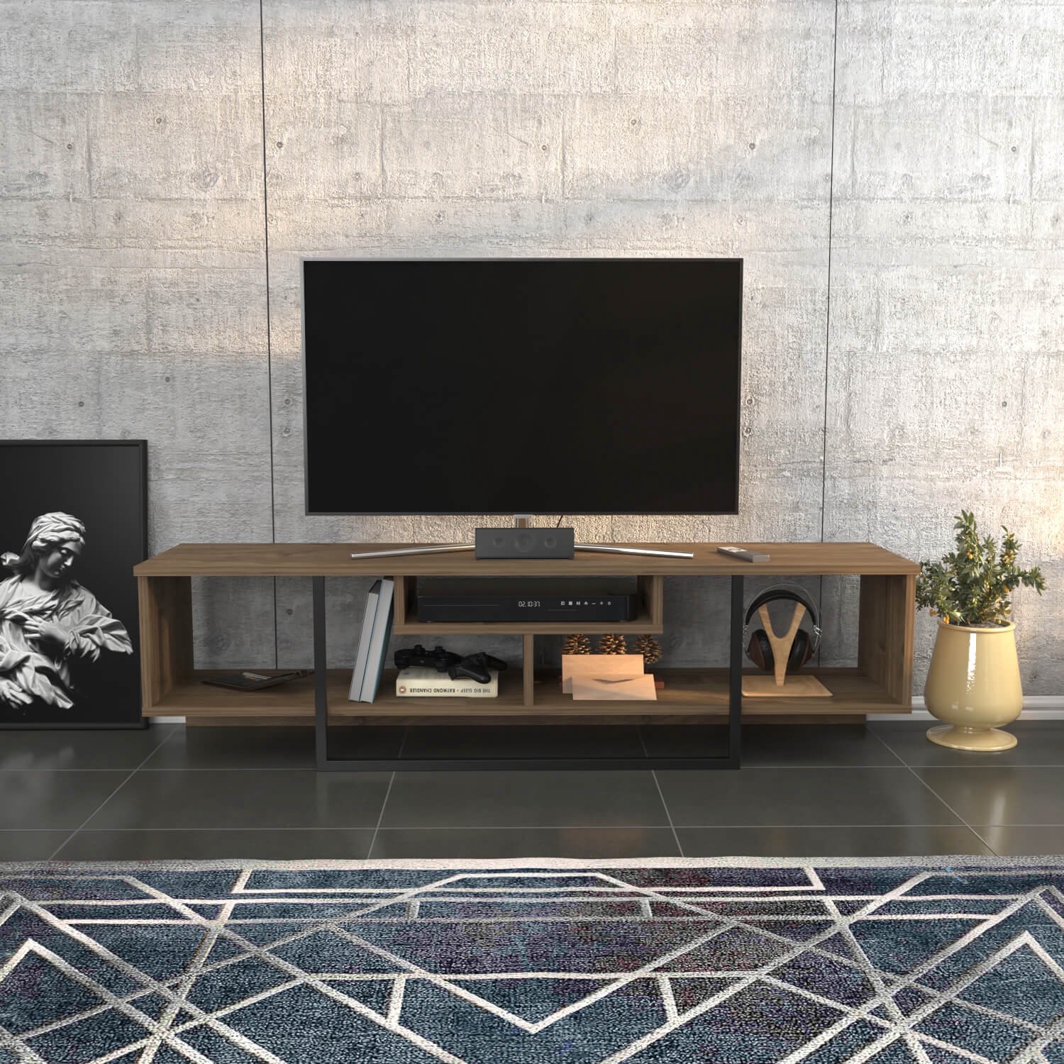 Decorotika TV Meubel Walnootlook en Zwart 150 cm – Modern Televisiemeubel met Open Vakken – TV Kast met Opbergruimte voor Woonkamer Walnoot en Zwart