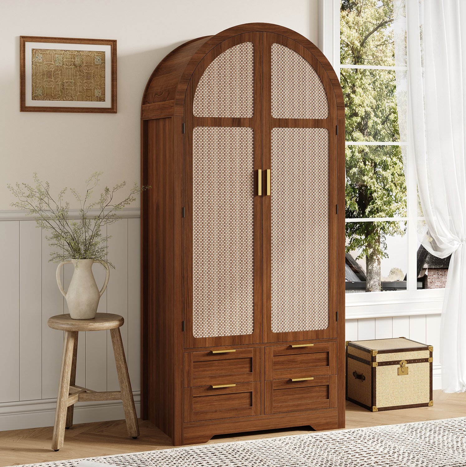 STILVORA Kledingkast - Gebogen Deuren met Rotanpanelen - Kledingstang en Lades voor Slaapkamer en Hal - MDF - 80x50x180 cm - Walnootkleur