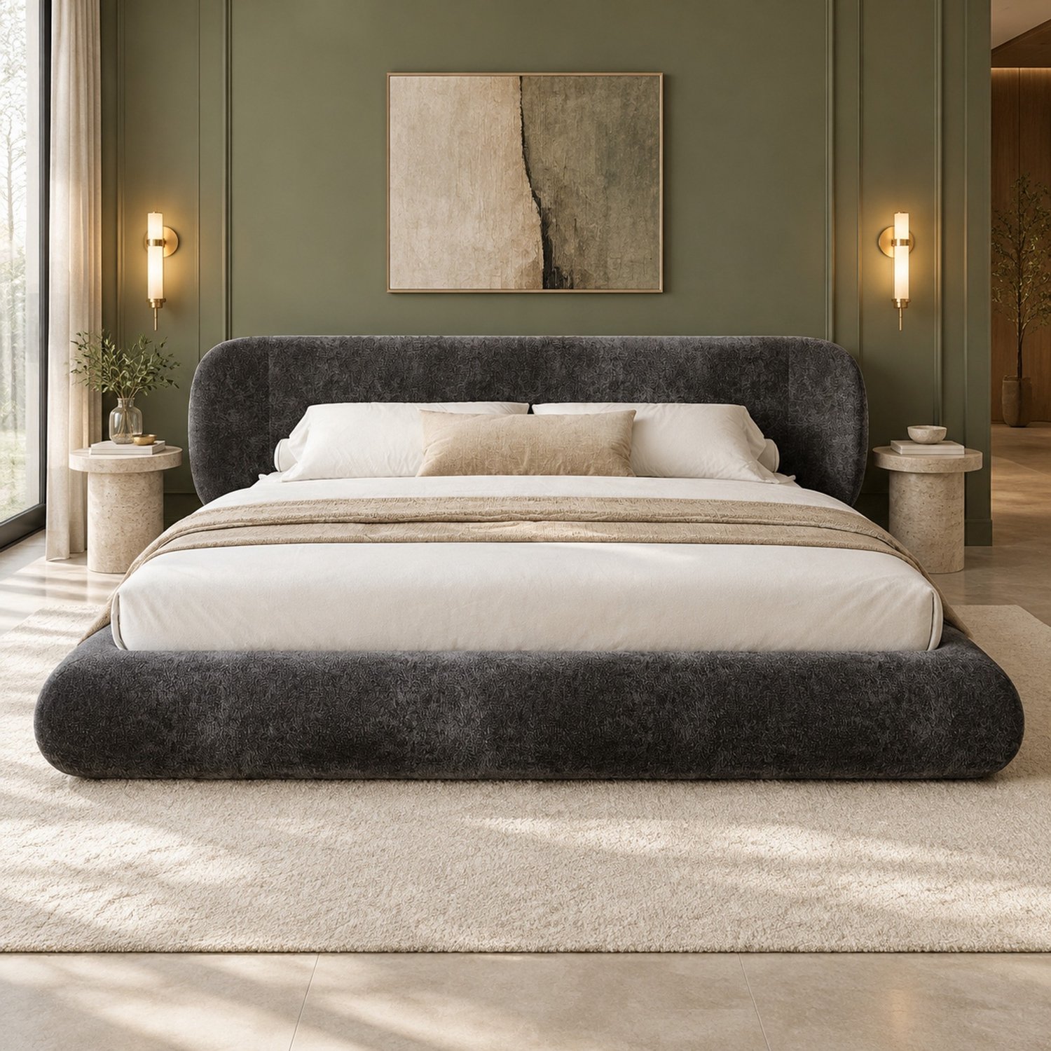 MODFU Gestoffeerd Tweepersoonsbed - Lattenbodem En Hoofdbord - Chenille - Grijs - 140 x 200 cm