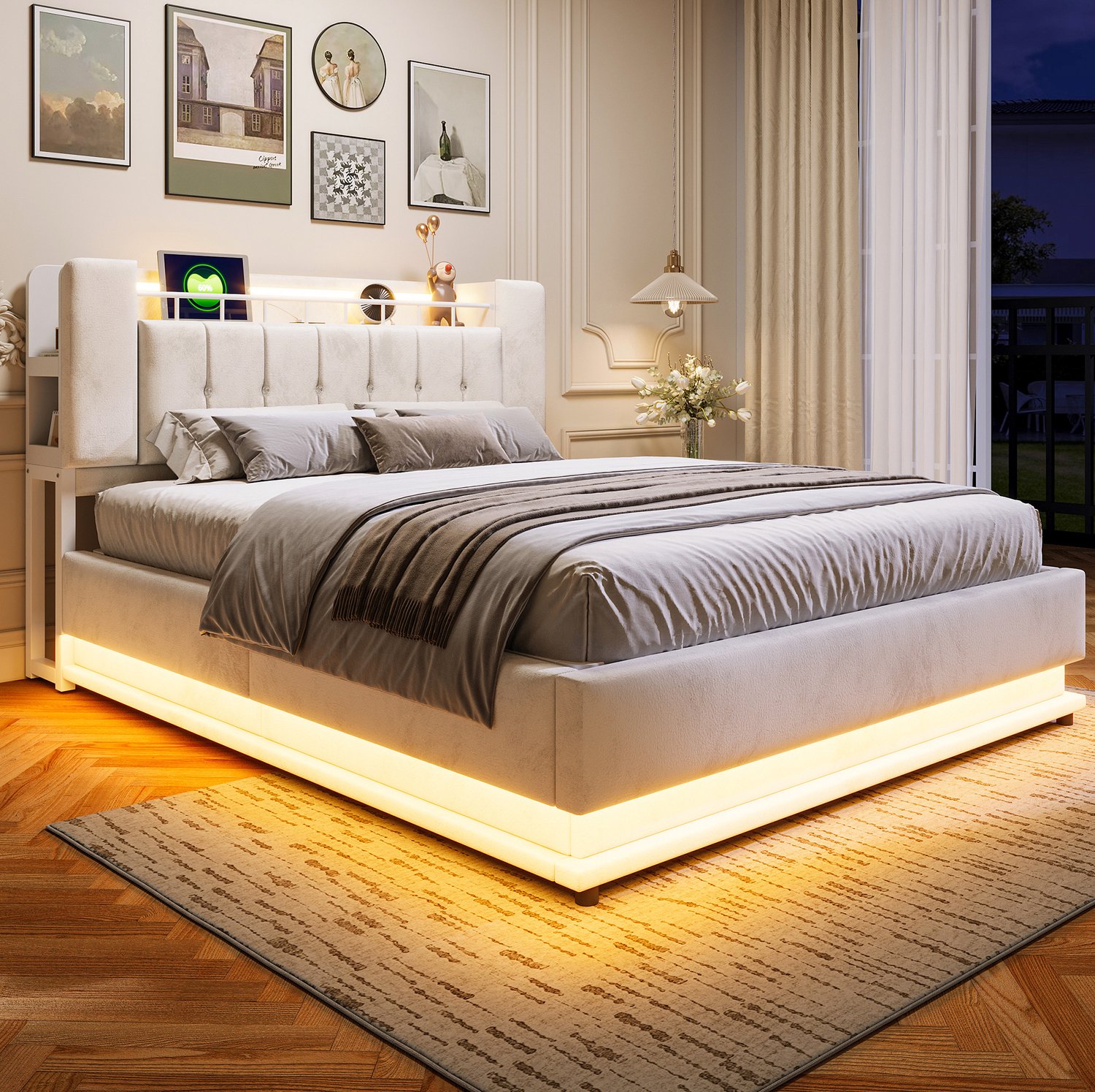 MODFU Gestoffeerd Bed - LED En USB - Hydraulische Opbergruimte - Beige - 160 X 200 Cm