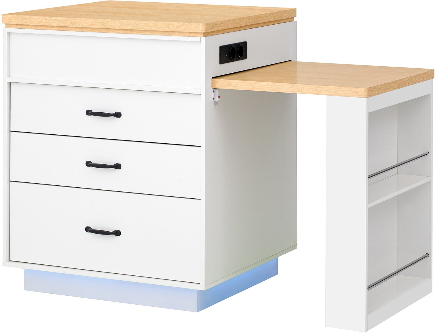 MUVANO Wit keukeneiland op wielen - Uitschuifbare eettafel - Ledverlichting en stopcontacten - MDF en houtlook - 125,5–187,5 cm - Keuken en eetkamer