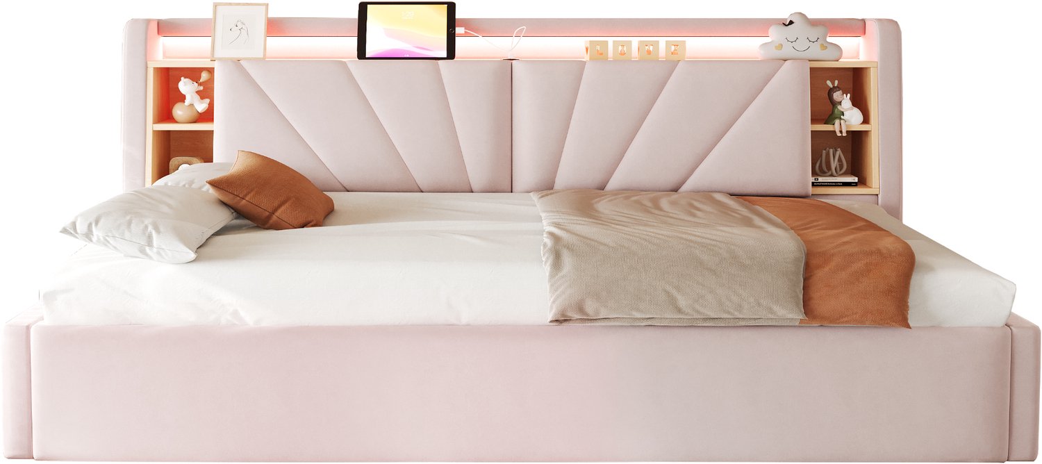 MUVANO Roze fluwelen slaapbank 90x200 cm - Eenpersoonsbed met hydraulische opbergruimte - Lattenbodem - Ledverlichting en USB - Voor logeerkamer