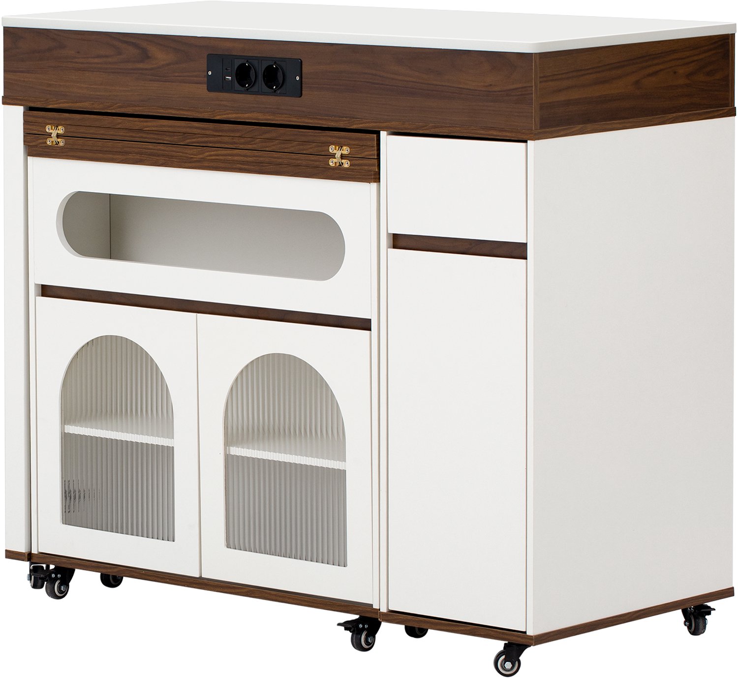 MUVANO Keukeneiland op wielen met uitschuifbare eettafel, stopcontacten, lade en geribbeld glas, wit met walnootlook