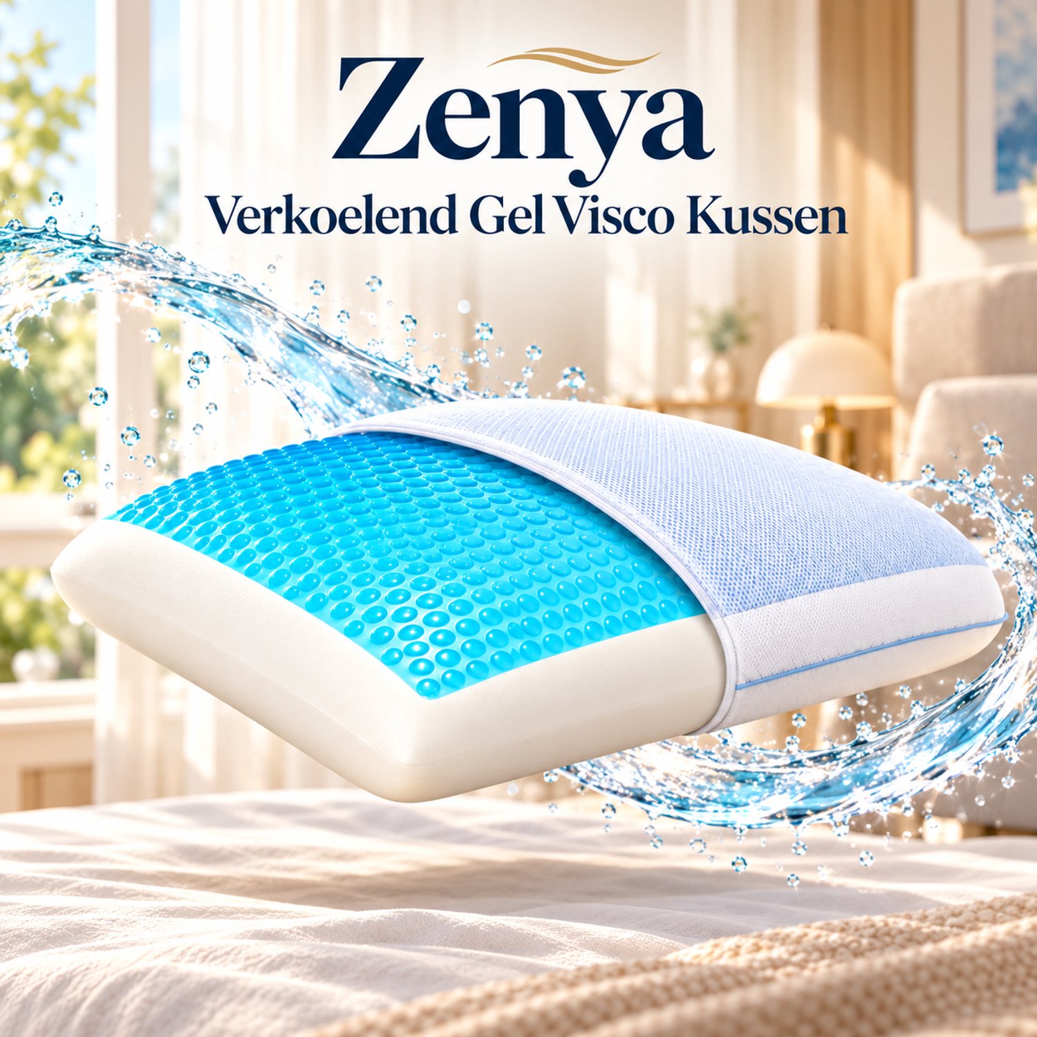FABRIC BOX Zenya - Verkoelend Gel Hoofdkussen 60x40x13 cm - Visco Traagschuim - Klassieke Vorm - Afneembare Hoes Wit