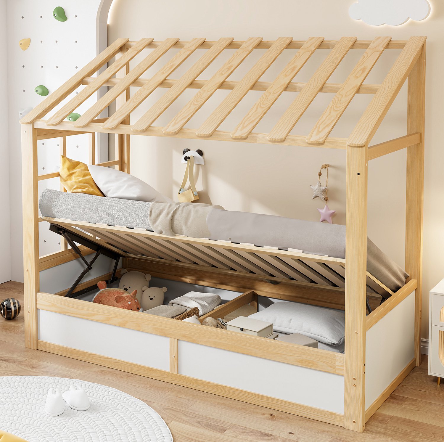 Maisentiel Kinderbed 90 x 200 cm met huisdak en hydraulische opbergruimte - wit/naturel Wit en naturel houtkleur
