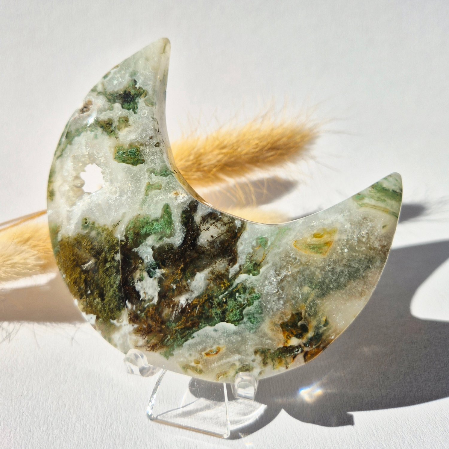 Moonlight Gemstones Edelsteen Mosagaat Maan op Standaard (Druzy & Patronen) Agaat - #314 10-12cm Meerkleurig