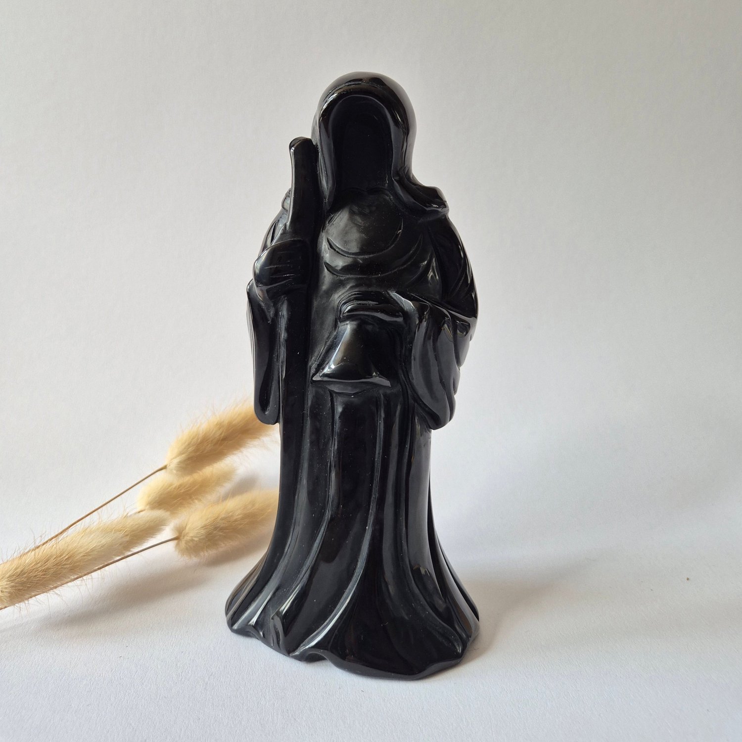 Moonlight Gemstones Zwarte Obsidiaan De Dood Carving – Grim Reaper – 18 cm (Halloween) Meerkleurig