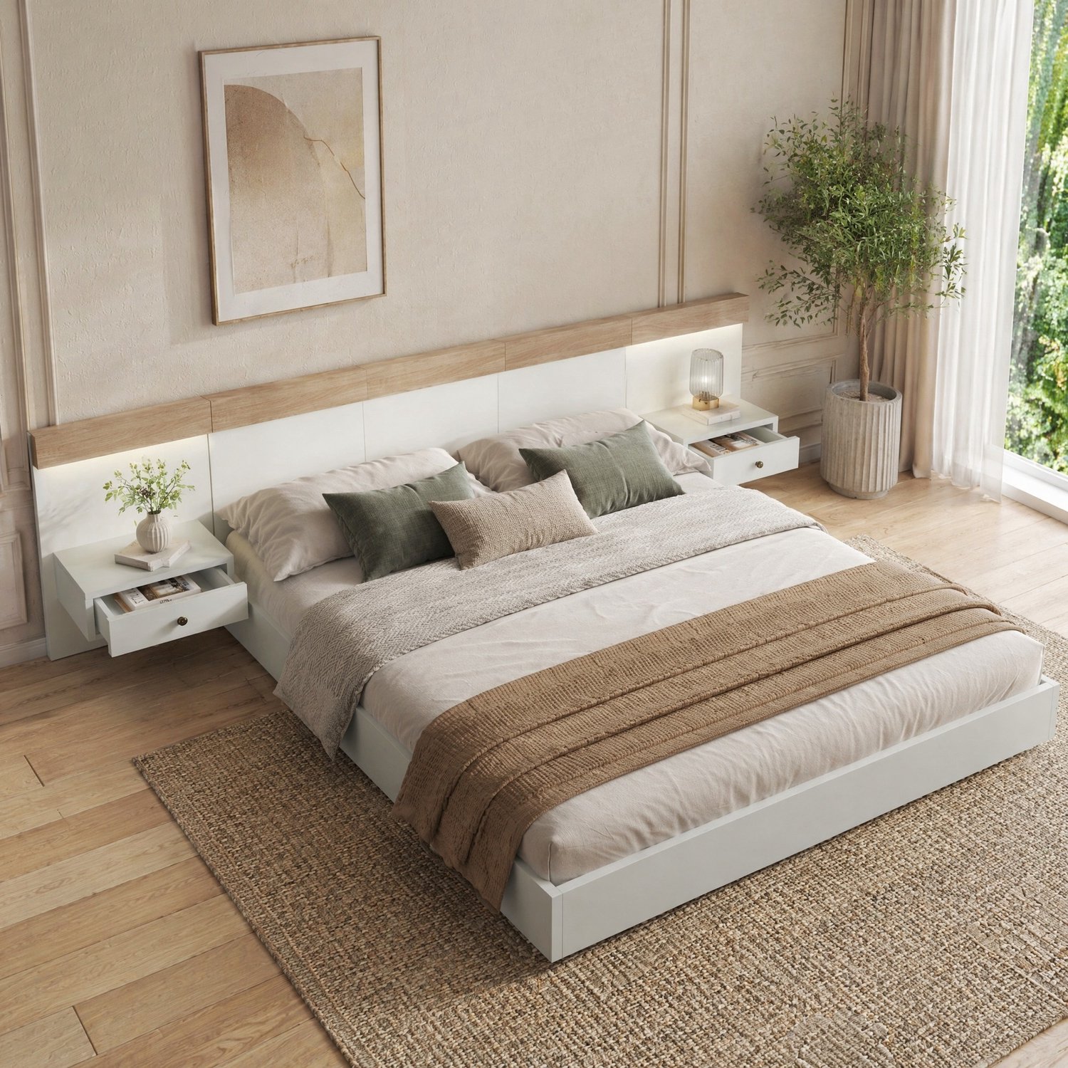 Maisentiel Tweepersoonsbed 160 x 200 cm met 2 nachtkastjes, led en USB-C - wit en Sonoma eiken Wit en Sonoma-eikenkleur