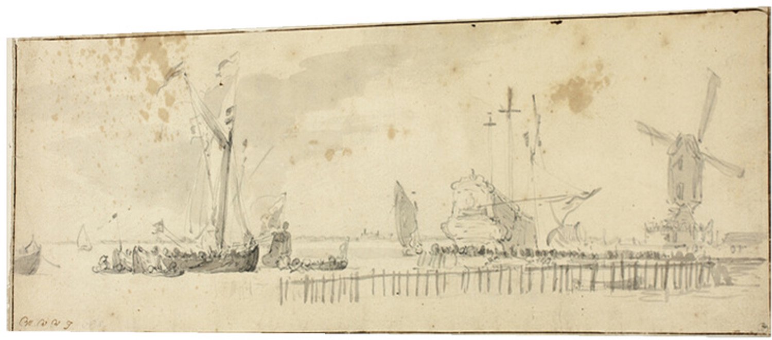 Printen.eu Poster - Sailing Ships in Harbor near Windmill - 46.2 x 17.5 cm Multicolor