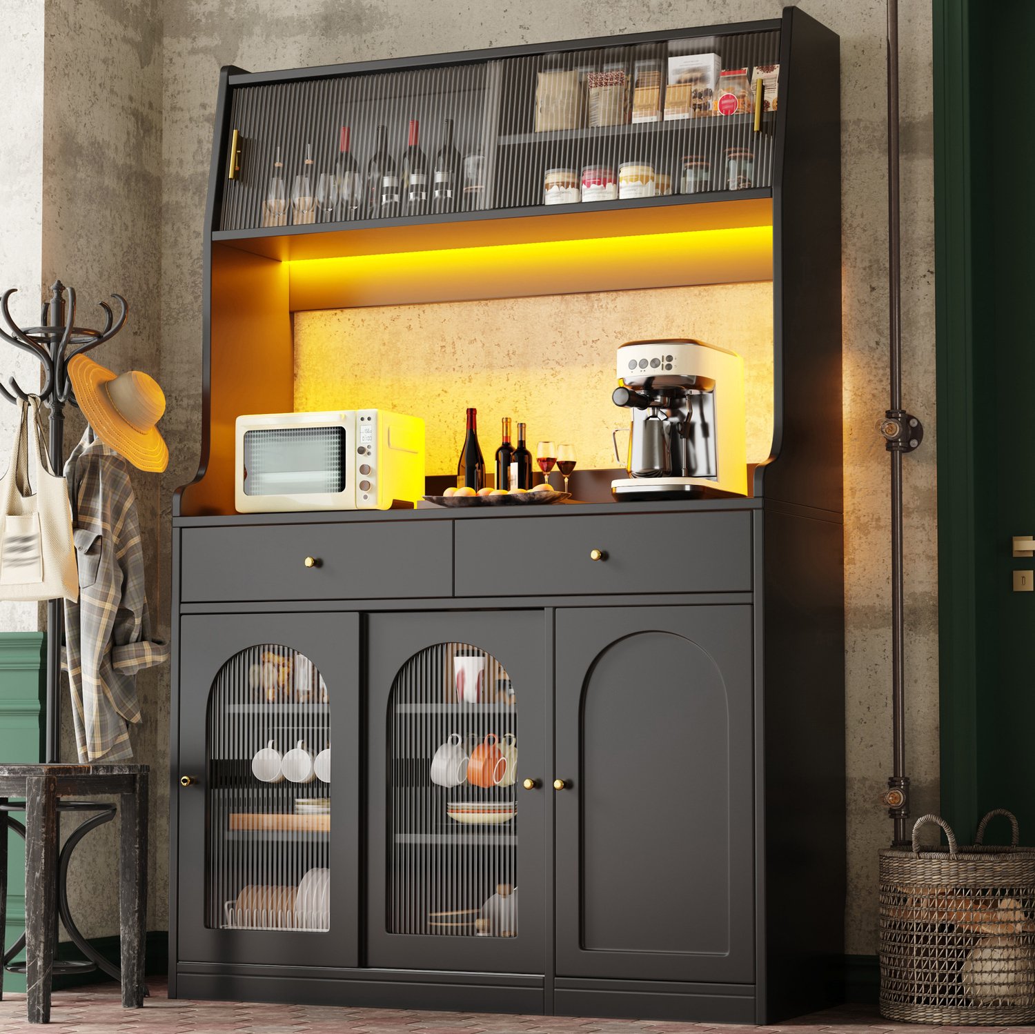 Maisentiel Zwarte buffetkast met ledverlichting, 2 lades en verstelbare planken - 120 x 40 x 180 cm