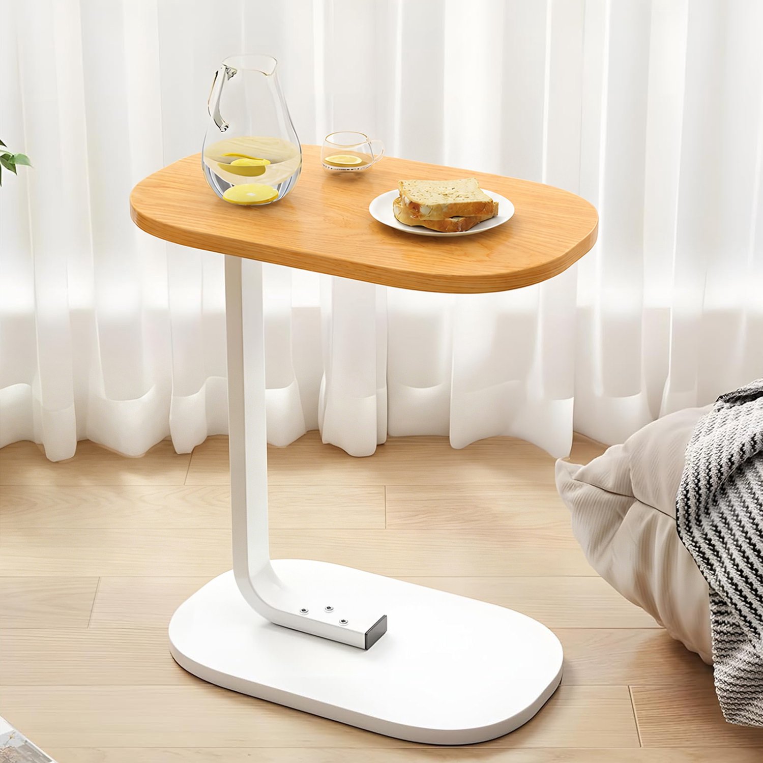 STILVORA Bijzettafel C-vormig – 39,5 x 28,5 x 55 cm – Hout en Staal – Houtkleur – Voor Bank en Bed – Ruimte voor Boeken, Hapjes en Computer