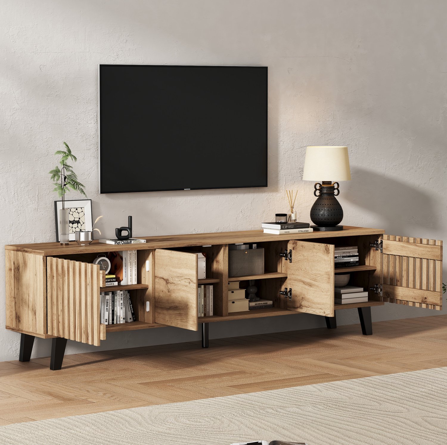 Maisentiel Tv-meubel 180 x 40 x 55 cm - natuurlijke houtkleur - 8 opbergvakken - tot 70 inch Naturel houtkleur met zwarte poten