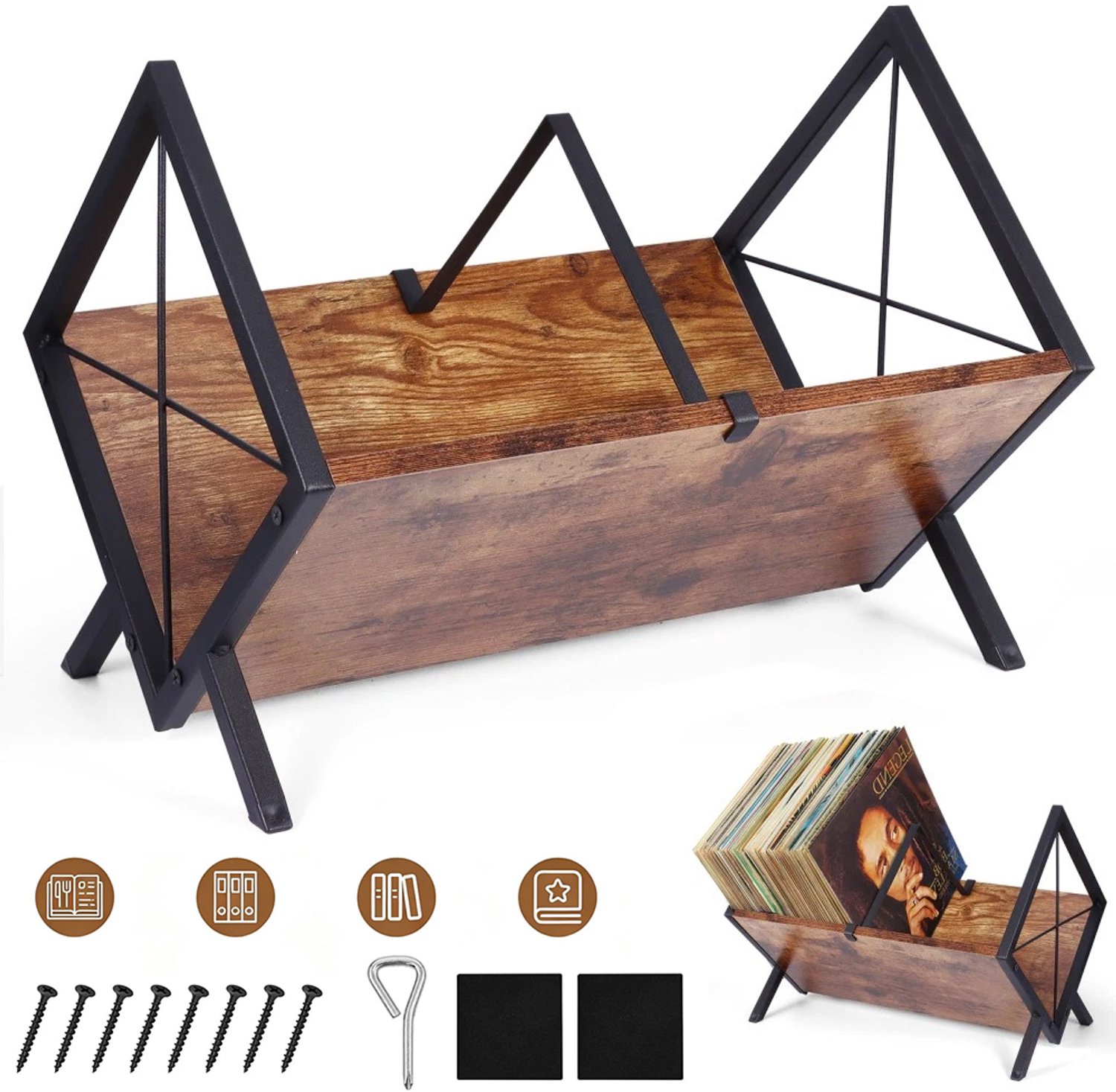Ruijingsky Platenrek - Vinylplatenrek - Opbergrek voor platen - Platendisplayrek - Vinylplatenorganizer - Retrostijl - 40*30,5*30 cm - Bruin