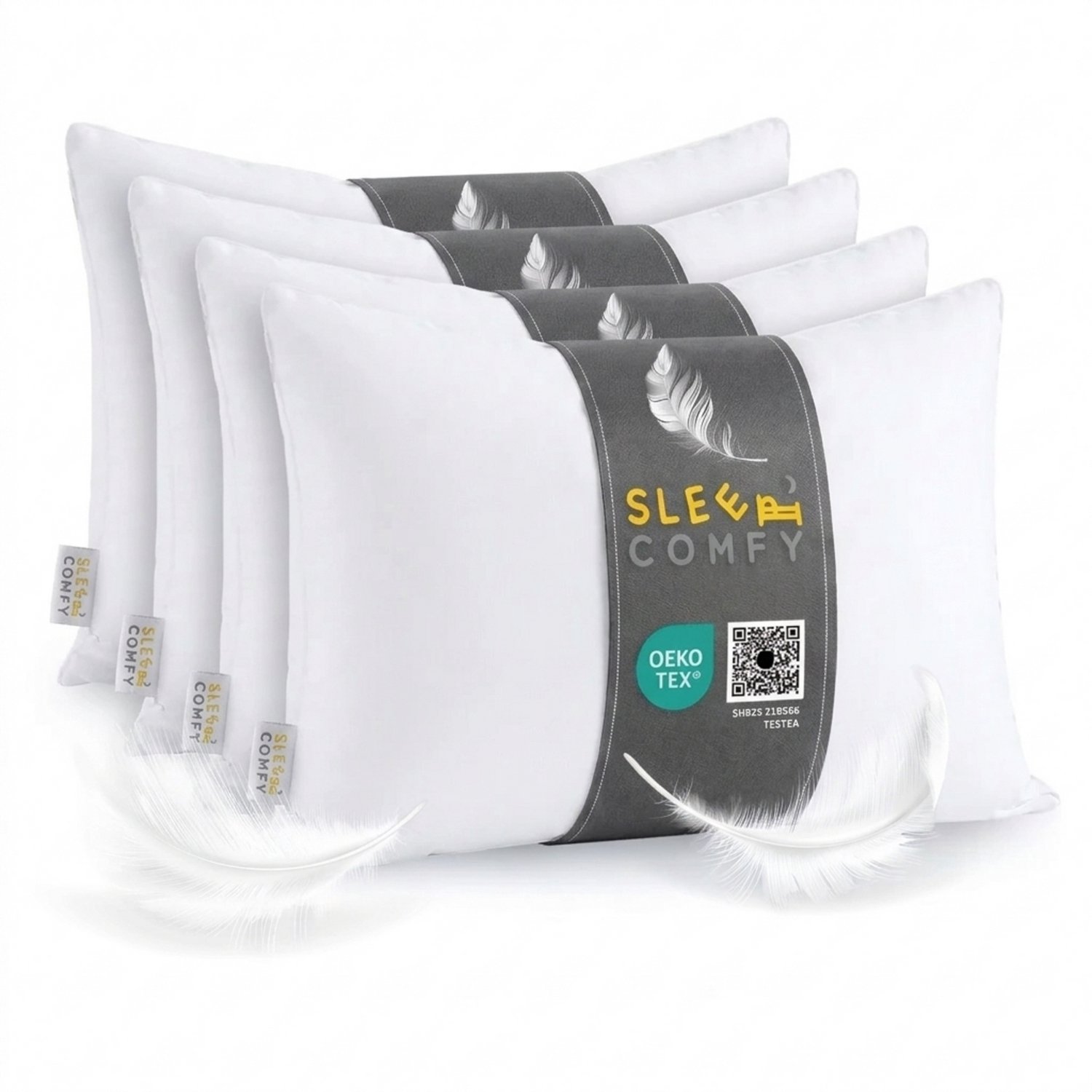 Slaap & Wonen Sleep Comfy Luxe Dons Hoofdkussen – 60 x 70 cm Set van 4 – Zacht & Veerkrachtig – Ademend Katoenen Tijk – Voor Rug, Zij- en Buikslapers Wit