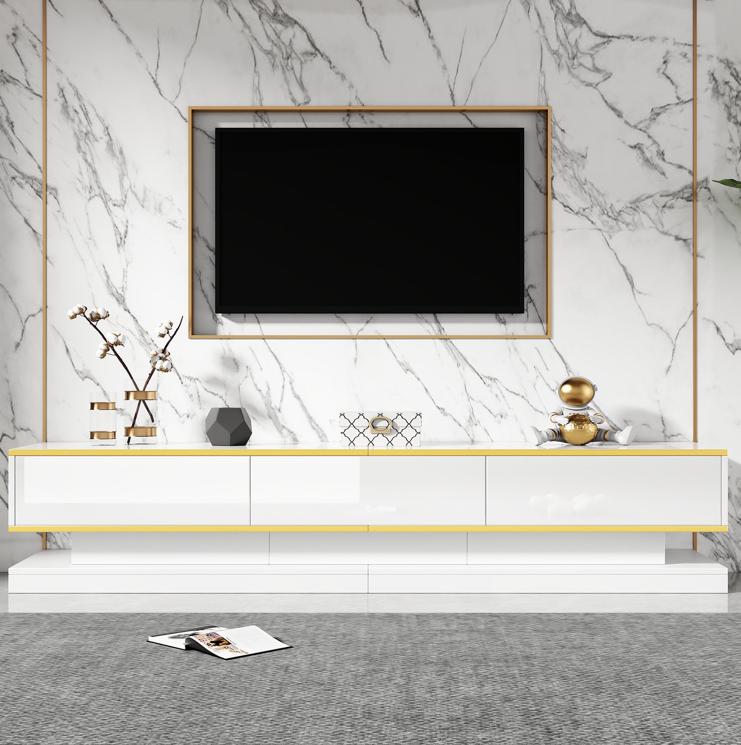 Maisentiel Tv-meubel 200 x 40 x 40 cm met 3 laden - warmwit met gouden rand