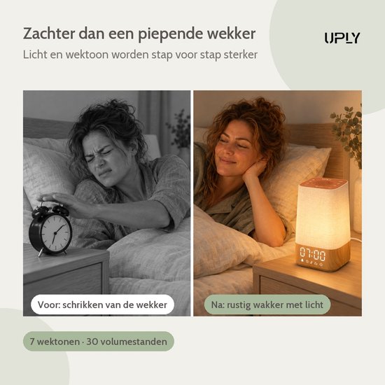 UPLY Wake up Light Wekker - Lichtwekker met White Noise - Digitale Wekker met Licht en Zonsopgang - Nachtlampje - Houtlook van UPLY — afbeelding 3