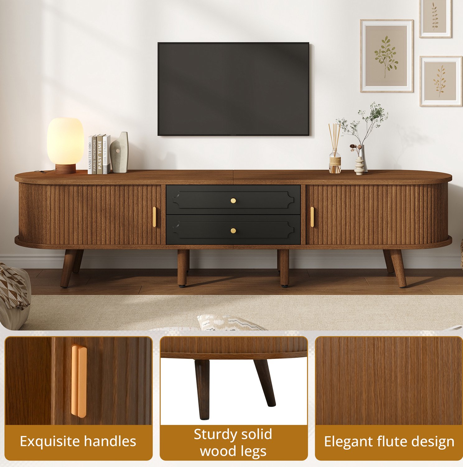 STILVORA Tv-Meubel - 2 Lades en 2 Schuifdeuren met Verstelbare Planken - Voor de Woonkamer - MDF en Hout - Walnootkleur - 170x40x43 cm