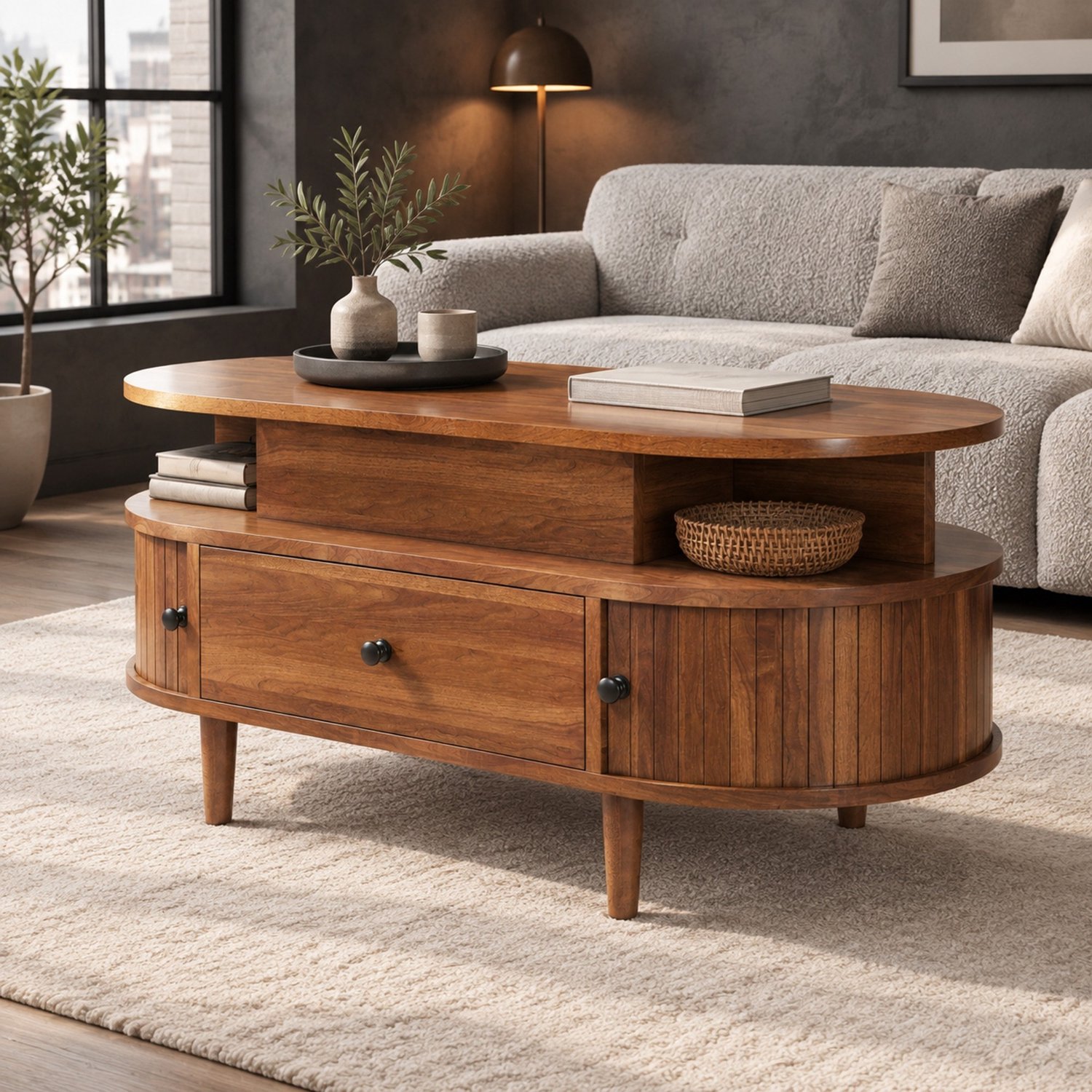 MODENUIT Salontafel - Ovale Tafel Met Hefblad en Opbergruimte - Woonkamer - MDF Walnootkleur - 105x50x60,5 cm
