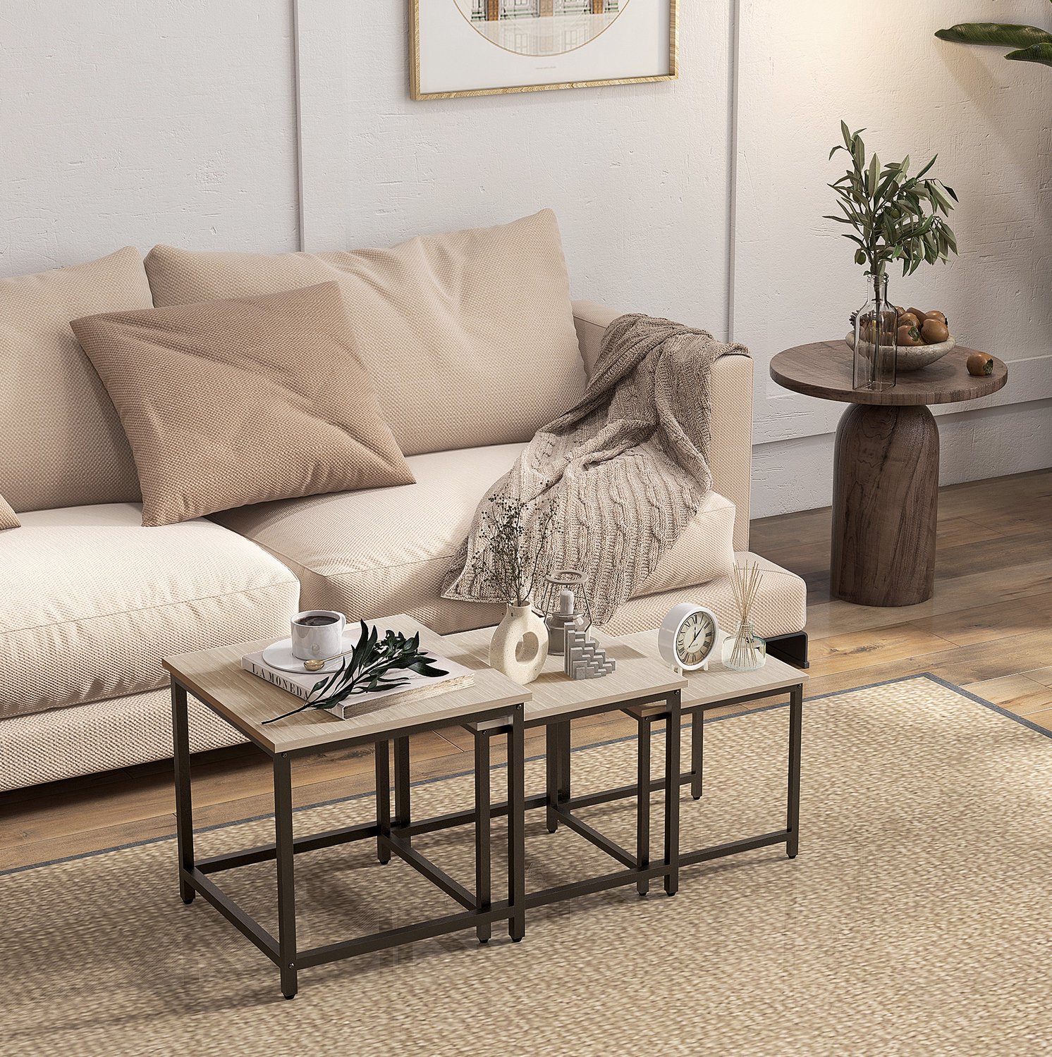 MODENUIT Bijzettafelset - Drie Nesttafels Voor De Woonkamer - Spaanplaat En Zwart Staal - 45x45x44 Cm Naturel houtkleur, zwart