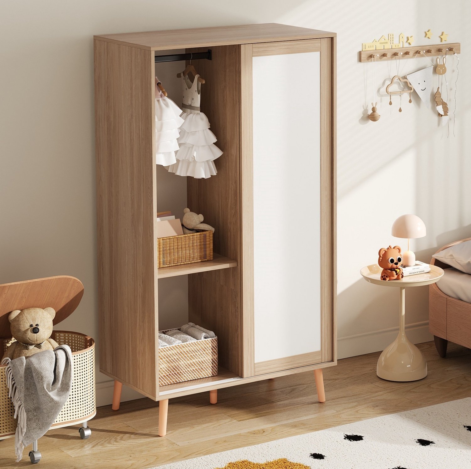 HAUSS SPOLE Kinderkledingkast - Twee Schuifdeuren En Twee Kledingstangen - Planken Voor Kinderkamer - MDF - 80 x 46 x 141,5 cm - Wit En Naturel Naturel en wit