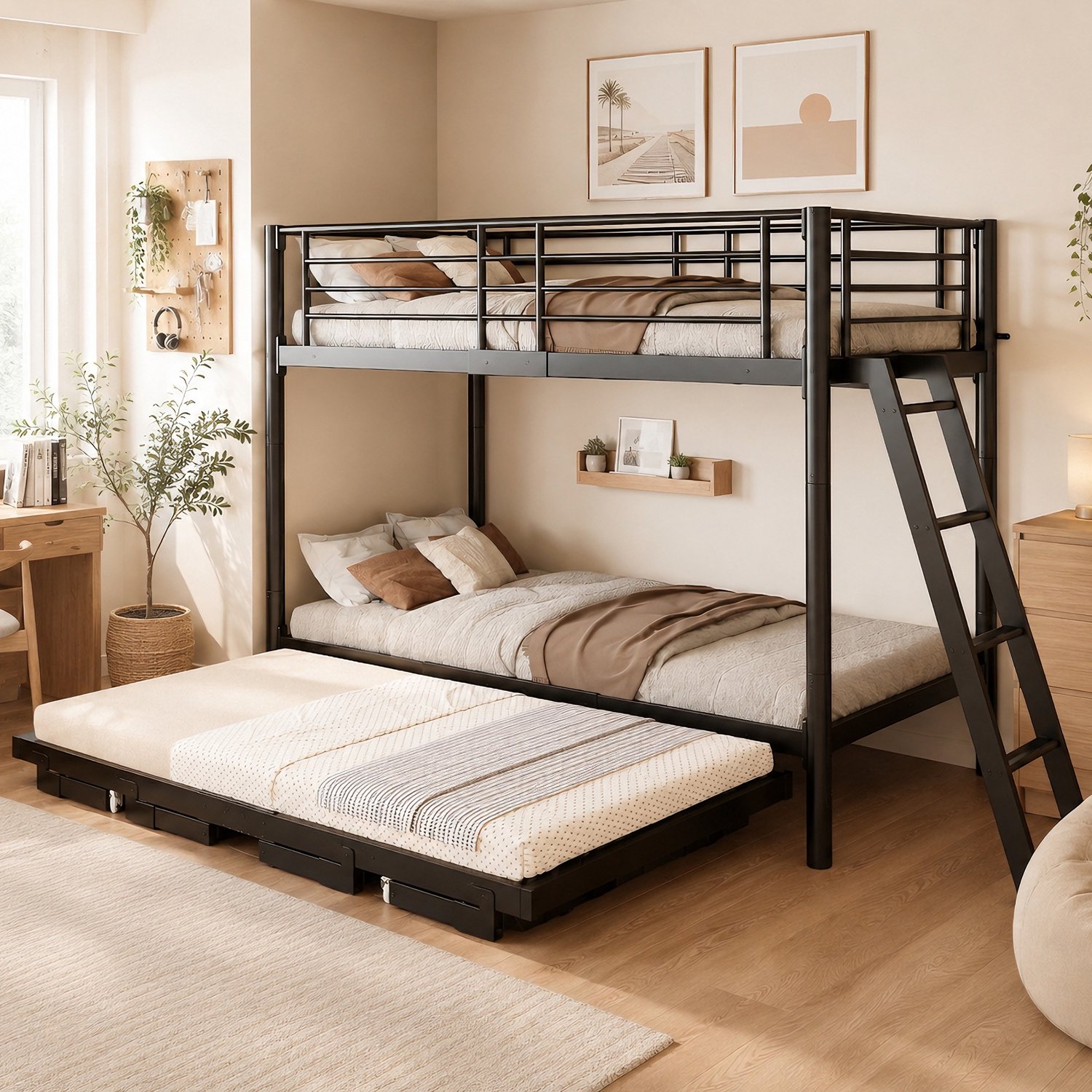 VVBV Metalen Stapelbed 90x200 cm met Uitschuifbed tot 180x200 cm - Ruimtebesparend Uitschuifbaar Bed - Zwart