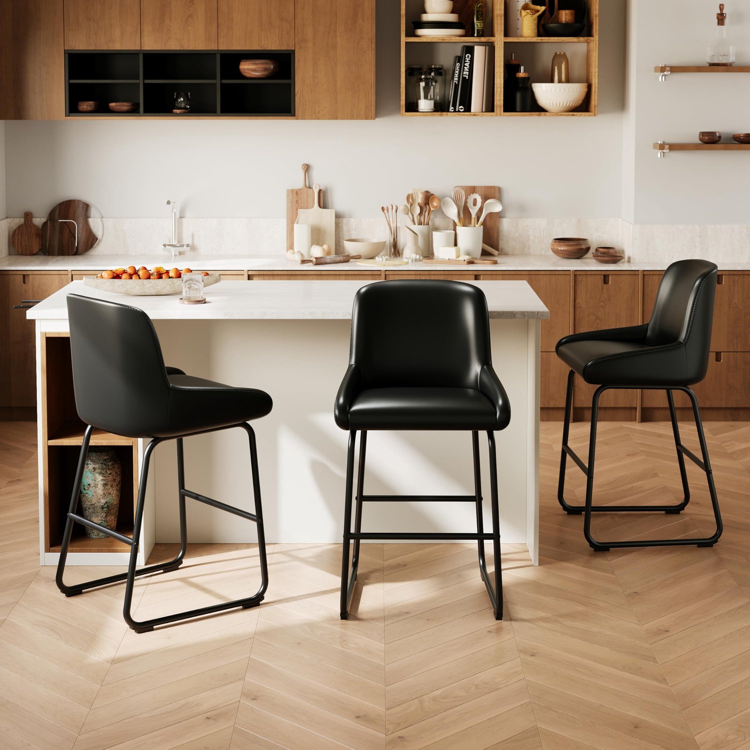 Danky Barstoelen Set van 3 - Zithoogte 67 cm voor Kookeiland - Luxe PU Kunstleer met Rugleuning - Metalen Onderstel tot 150 kg Zwart