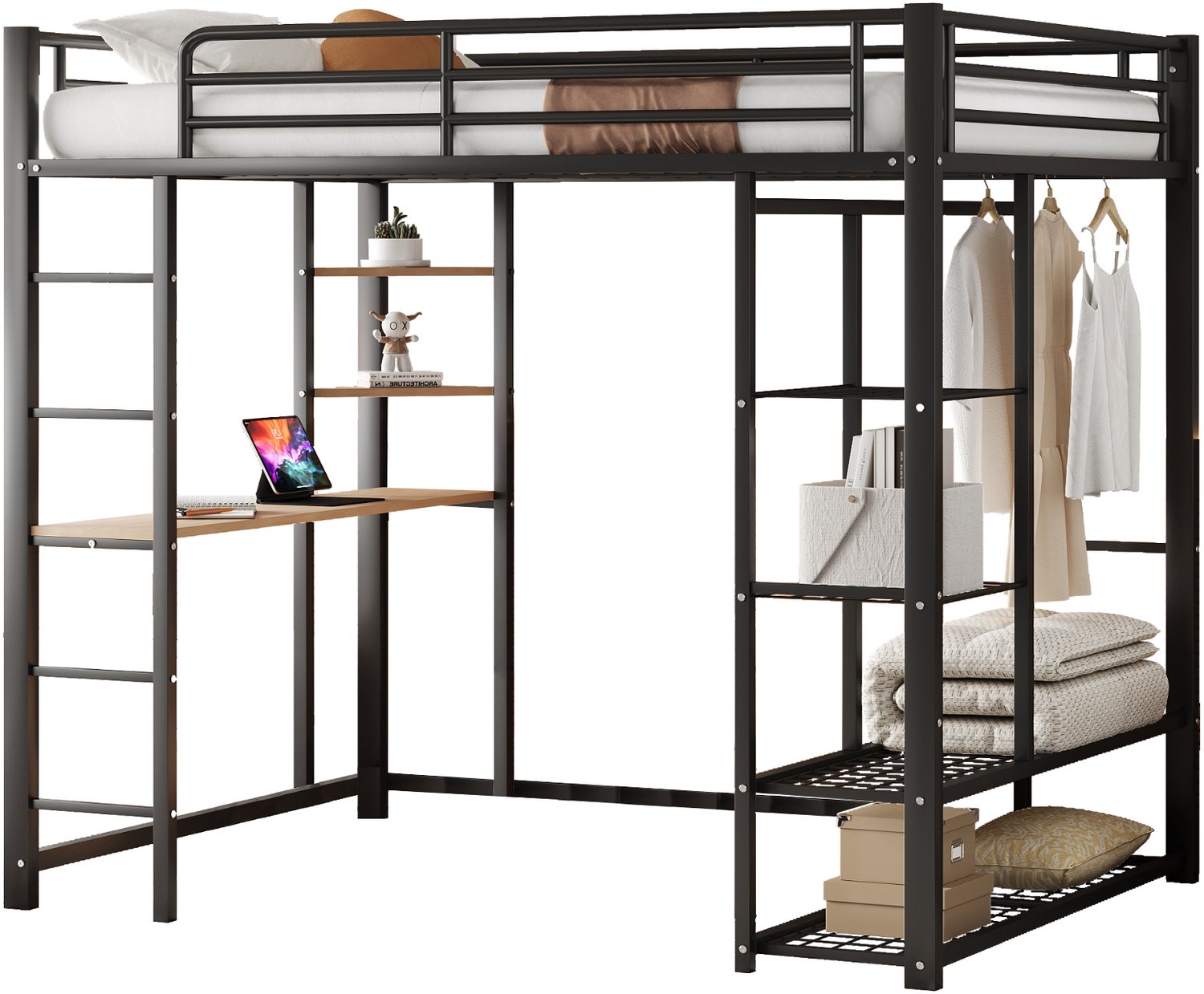 MUVANO Metalen hoogslaper met bureau en ladder - metalen lattenbodem - opbergruimte - 140 x 200 cm - zwart voor slaapkamer en werkplek