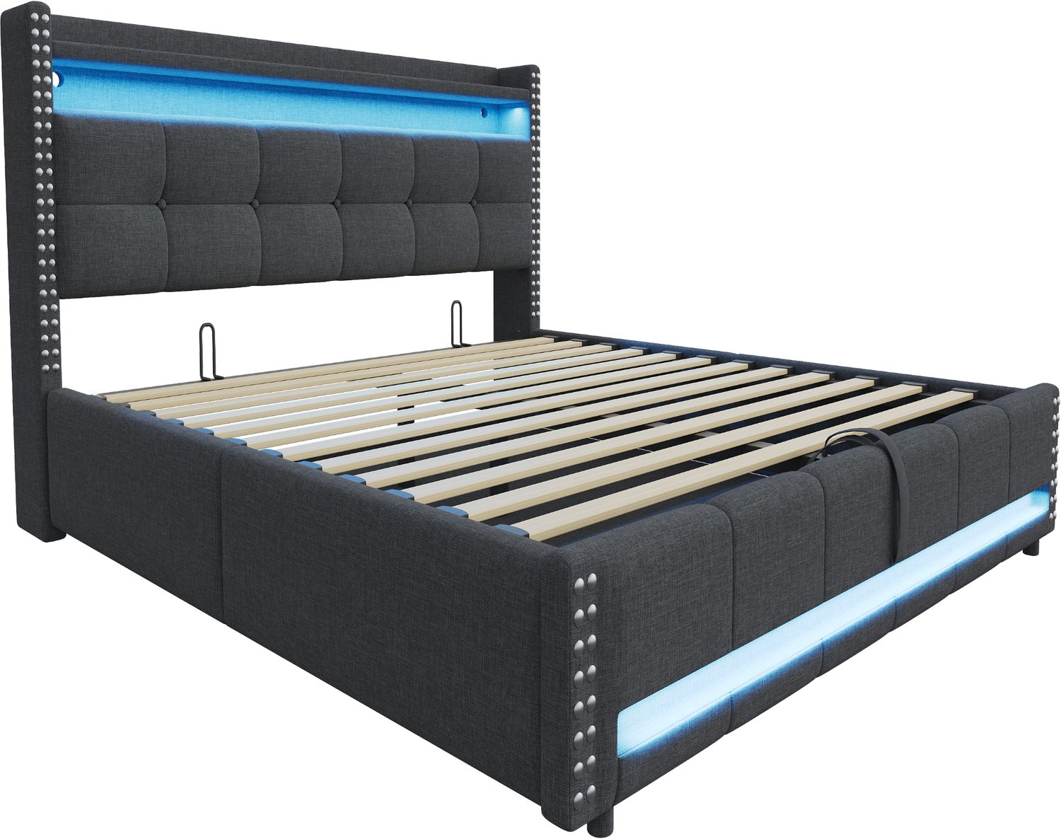 MUVANO Gestoffeerd bed 180 x 200 cm - tweepersoonsbed met opbergruimte - bed met ledverlichting en USB-aansluiting - grijs linnen bed voor slaapkamer