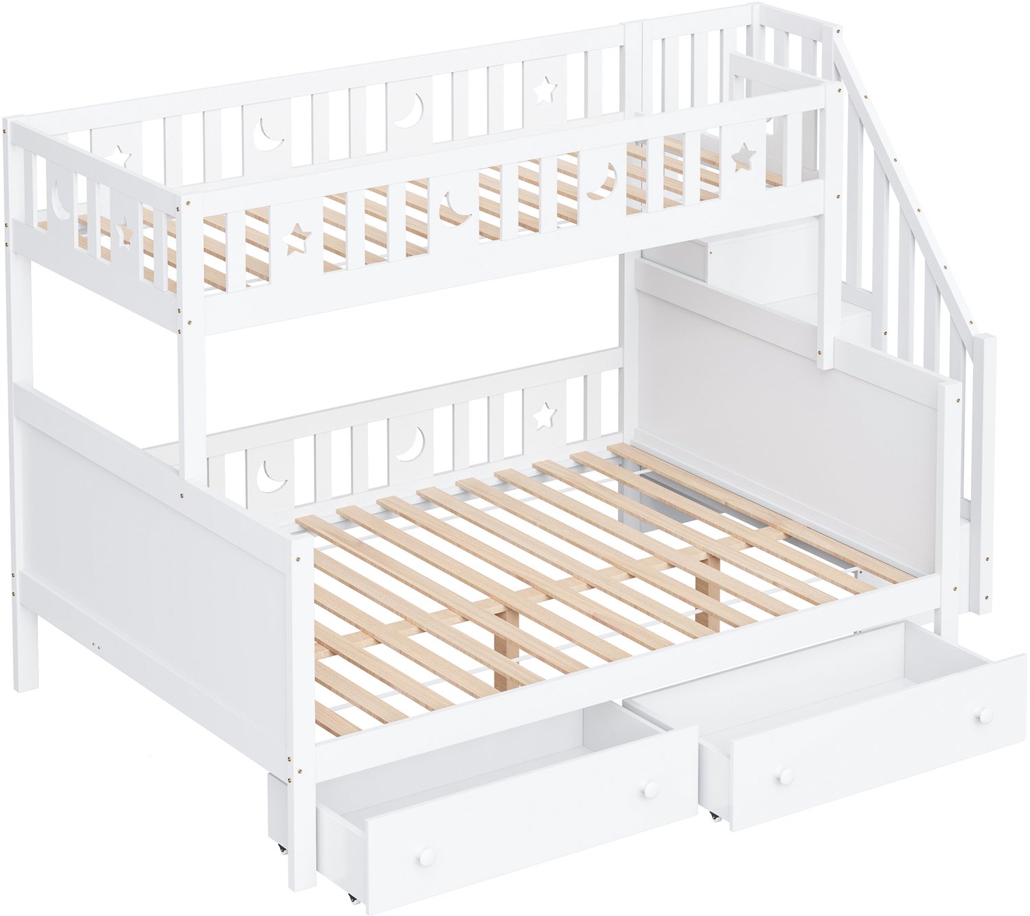 MUVANO Stapelbed voor kinderen - kinderbed met veiligheidstrap, opberglades en lattenbodems van hout, 90x200 en 140x200 cm, wit