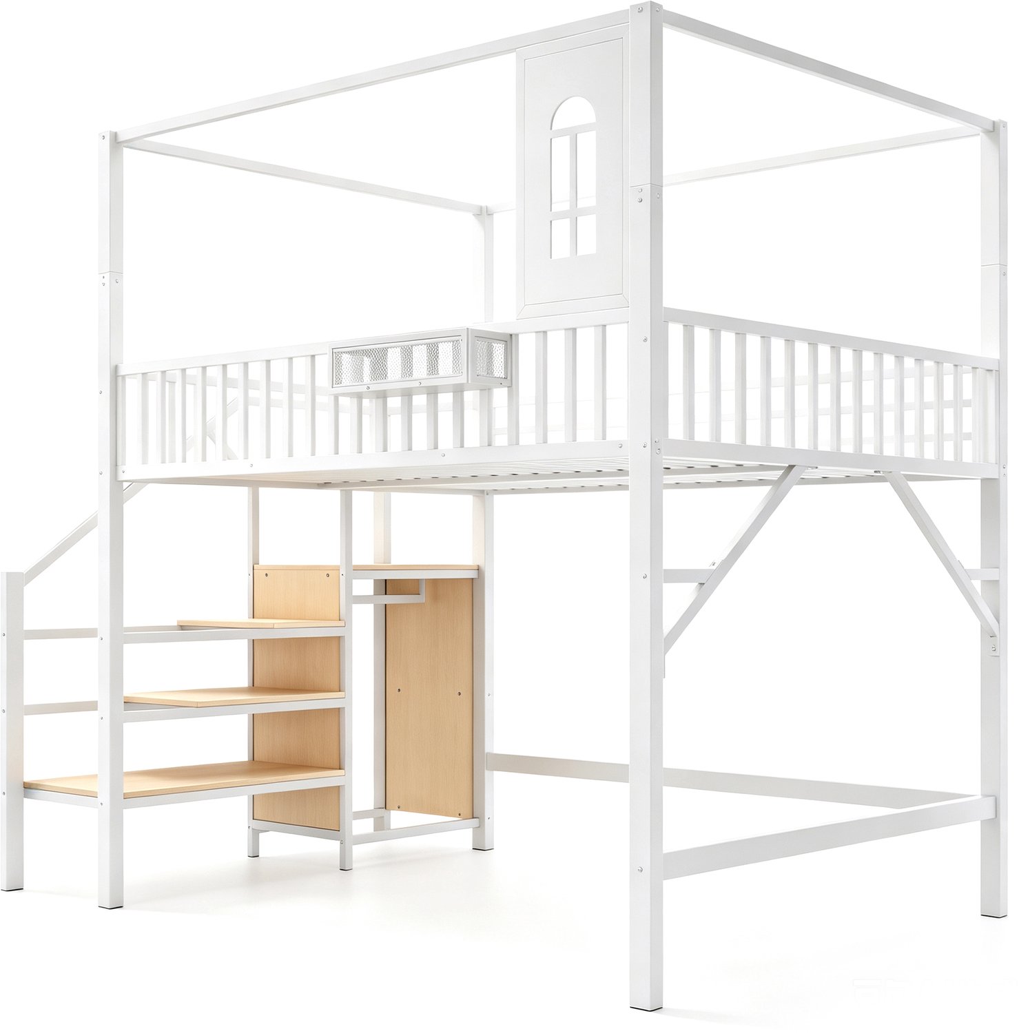 MUVANO Metalen hoogslaper 140 x 200 cm - hoogslaper voor volwassenen - dakframe - opbergladder met kledingroede - ruimte onder het bed - wit