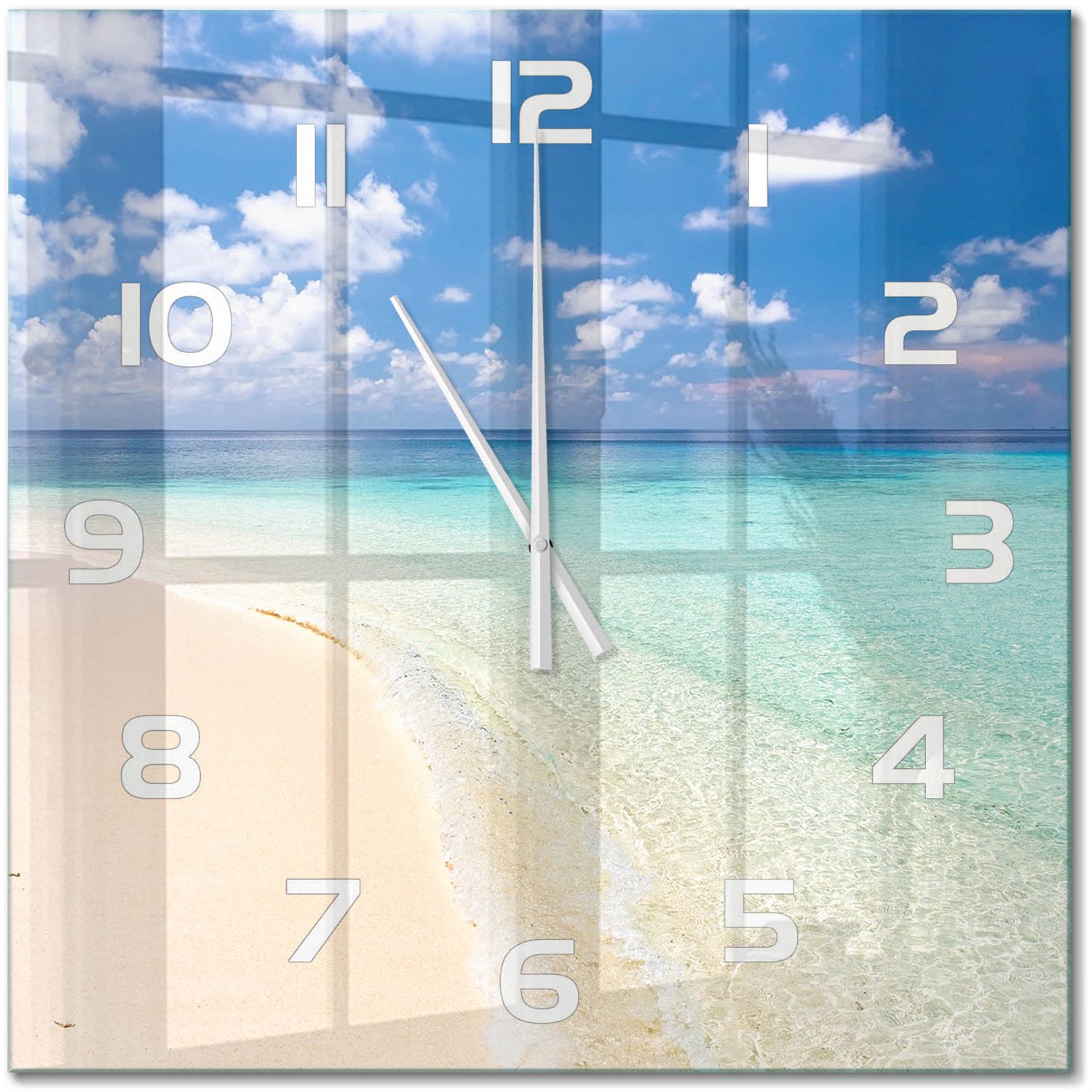 TULUP Wandklok - Strand op de Malediven Wandklok Glas Met Motief - 60x60 cm - Blauw Decoratieve Glazen Klok - Witte handen - Vierkante Klok - Gekleurde Glazen Klok - Glazen Klok Met Print