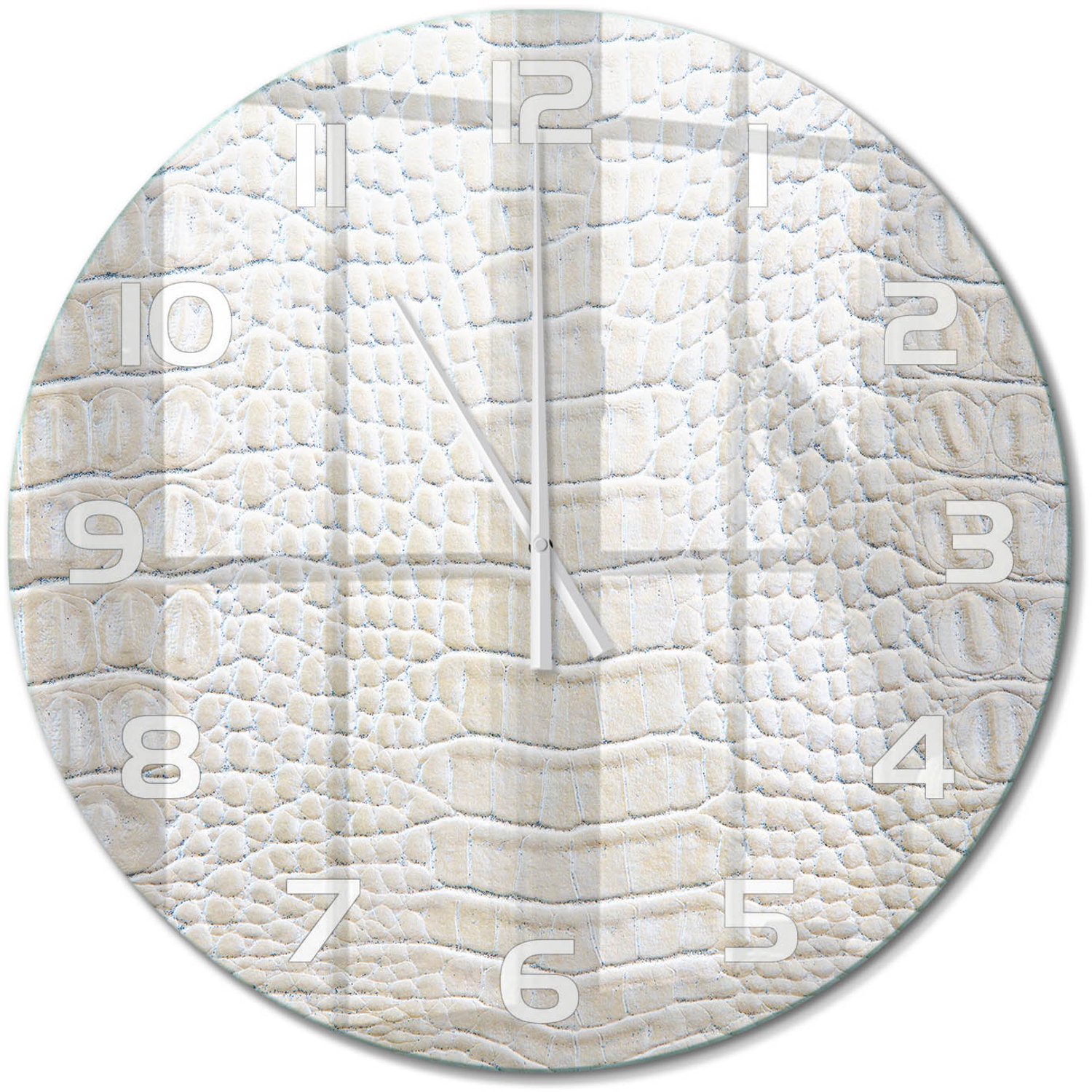TULUP Wandklok - Krokodillenhuid Glazen Wandklok Design - fi60 cm - Beige Klok Glas Met Opdruk - Witte handen - Ronde Klok - Wandklok Glas Met Motief - Decoratieve Glazen Klok