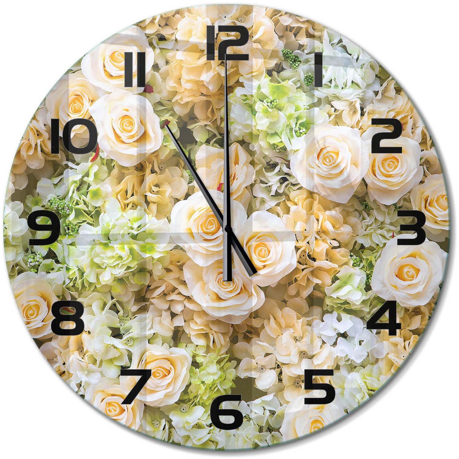 TULUP Wandklok - Rozen Decoratieve Glazen Klok - fi60 cm - Beige Glazen Wandklok Design - Zwarte handen - Ronde Klok - Glazen Klok Met Print - Wandklok Glas Met Motief
