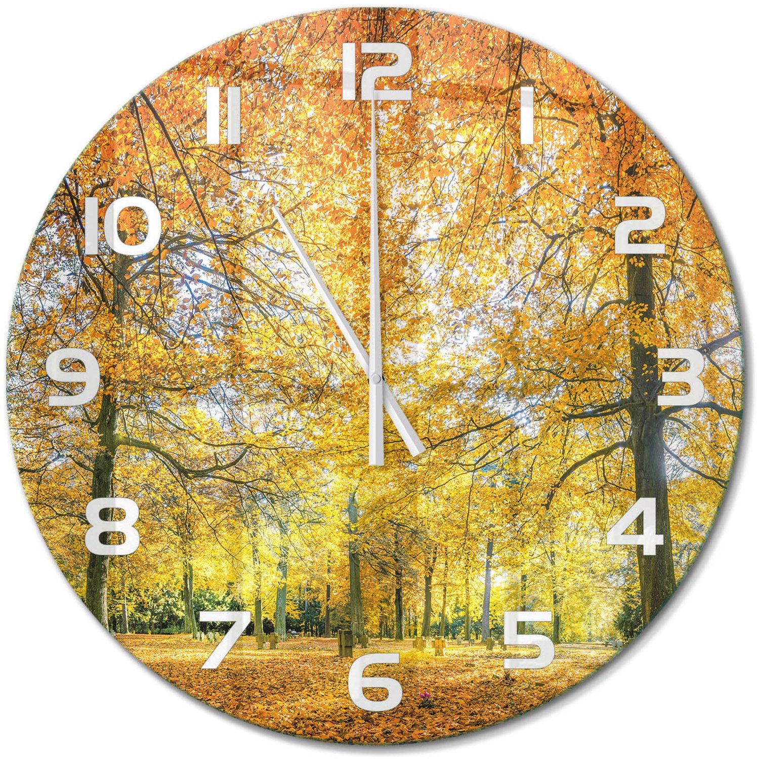 TULUP Wandklok - Herfstbos Gekleurde Glazen Klok - fi60 cm - Oranje Glazen Klok Met Print - Witte handen - Ronde Klok - Moderne Wandklok Glas - Wandklok Glas Decoratie