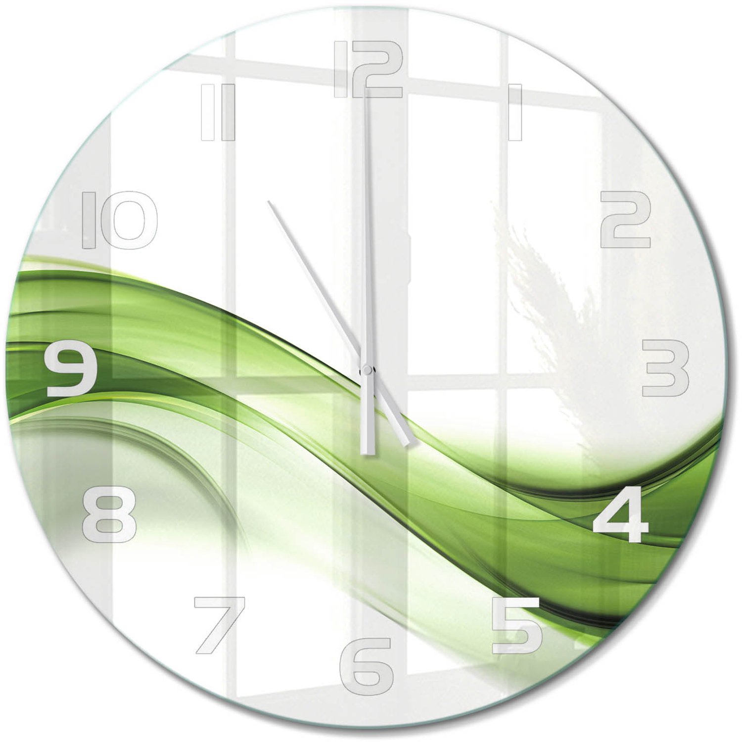 TULUP Wandklok - Groene golf Moderne Wandklok Glas - fi60 cm - Groente Wandklok Glas Decoratie - Witte handen - Ronde Klok - Glazen Wandklok Design - Klok Glas Met Opdruk