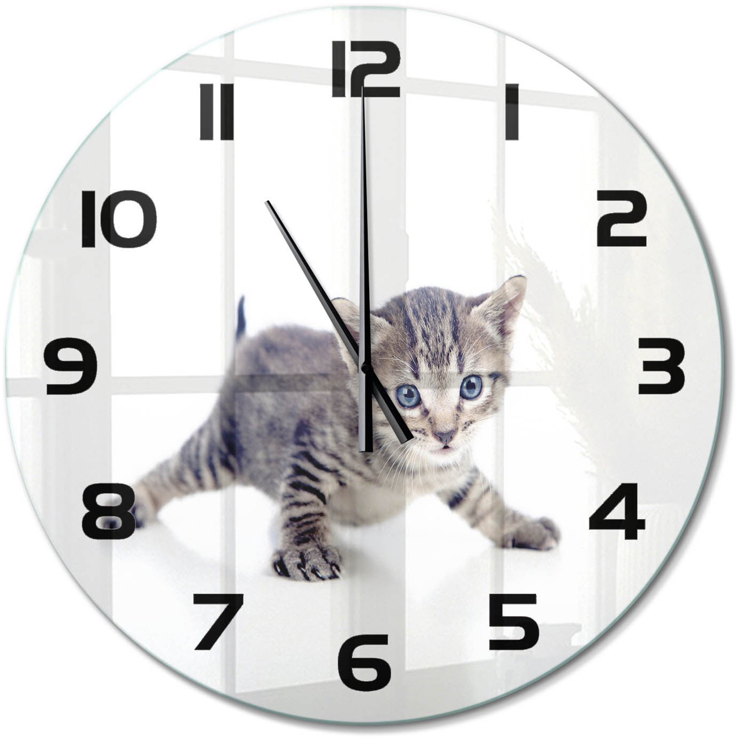 TULUP Wandklok - Kleine kat Glazen Klok Met Print - fi60 cm - Grijs Wandklok Glas Met Motief - Zwarte handen - Ronde Klok - Wandklok Glas Decoratie - Gekleurde Glazen Klok