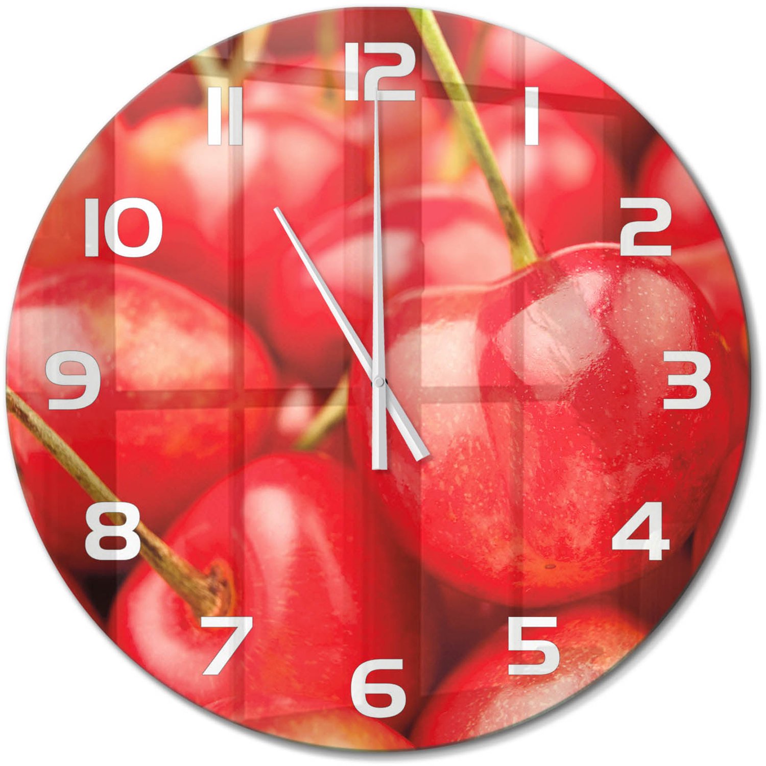 TULUP Wandklok - Kers Glazen Klok Met Print - fi60 cm - Rood Wandklok Glas Met Motief - Witte handen - Ronde Klok - Wandklok Glas Decoratie - Gekleurde Glazen Klok