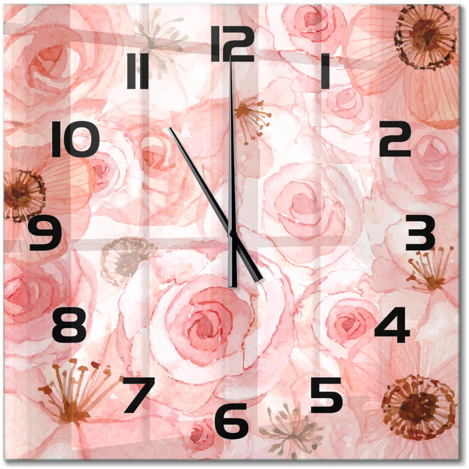 TULUP Wandklok - Bloemenpatroon Decoratieve Glazen Klok - 60x60 cm - Roze Glazen Wandklok Design - Zwarte handen - Vierkante Klok - Glazen Klok Met Print - Wandklok Glas Met Motief